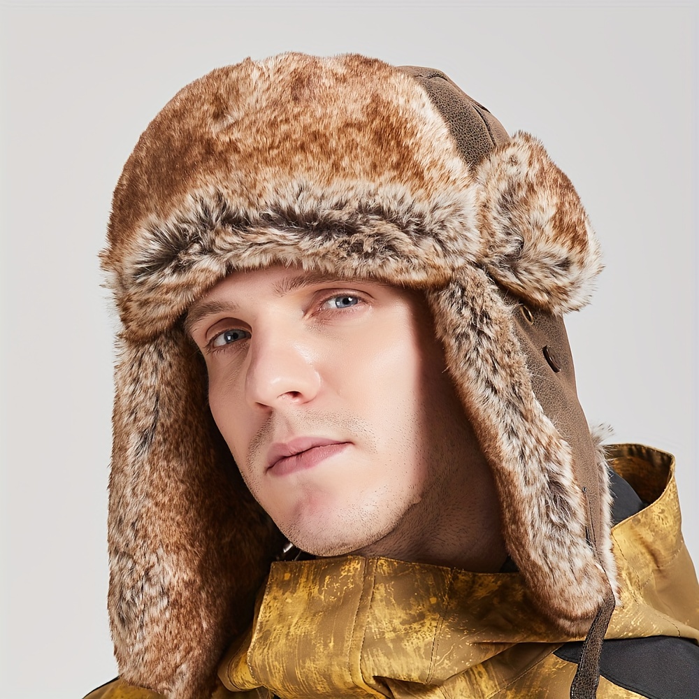 1pc Winter Bomber Hats For Men, Ear Flap Pu Leather Faux Fur Trapper Hat,  Ideal choice for Gifts
