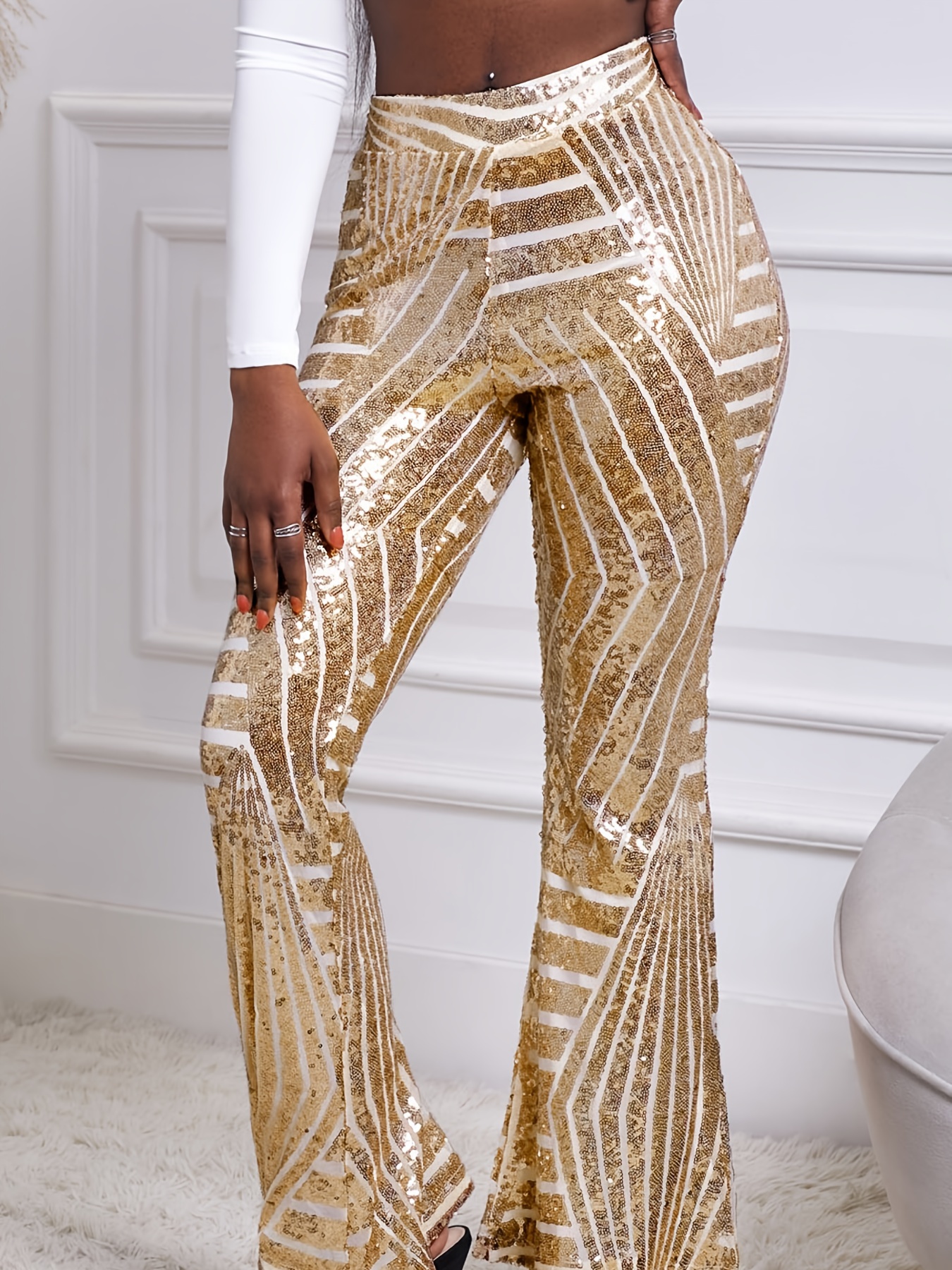 Glitter Sequin Flare Leggings Casual High Waist Fashion - Temu Canada