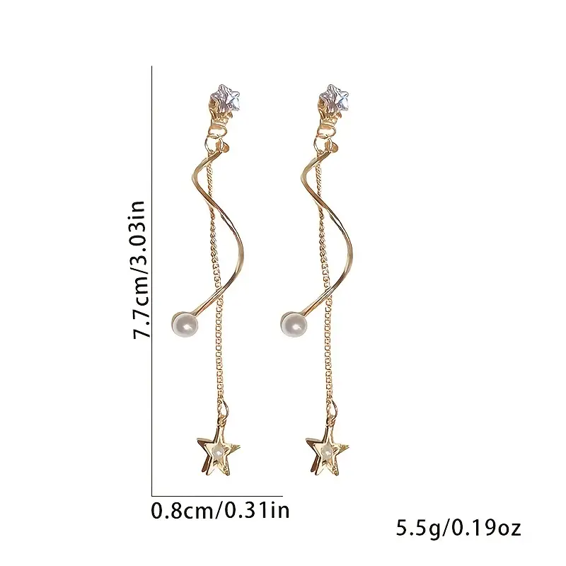 womens zircon faux pearl star tassel earrings jewelry gift details 3