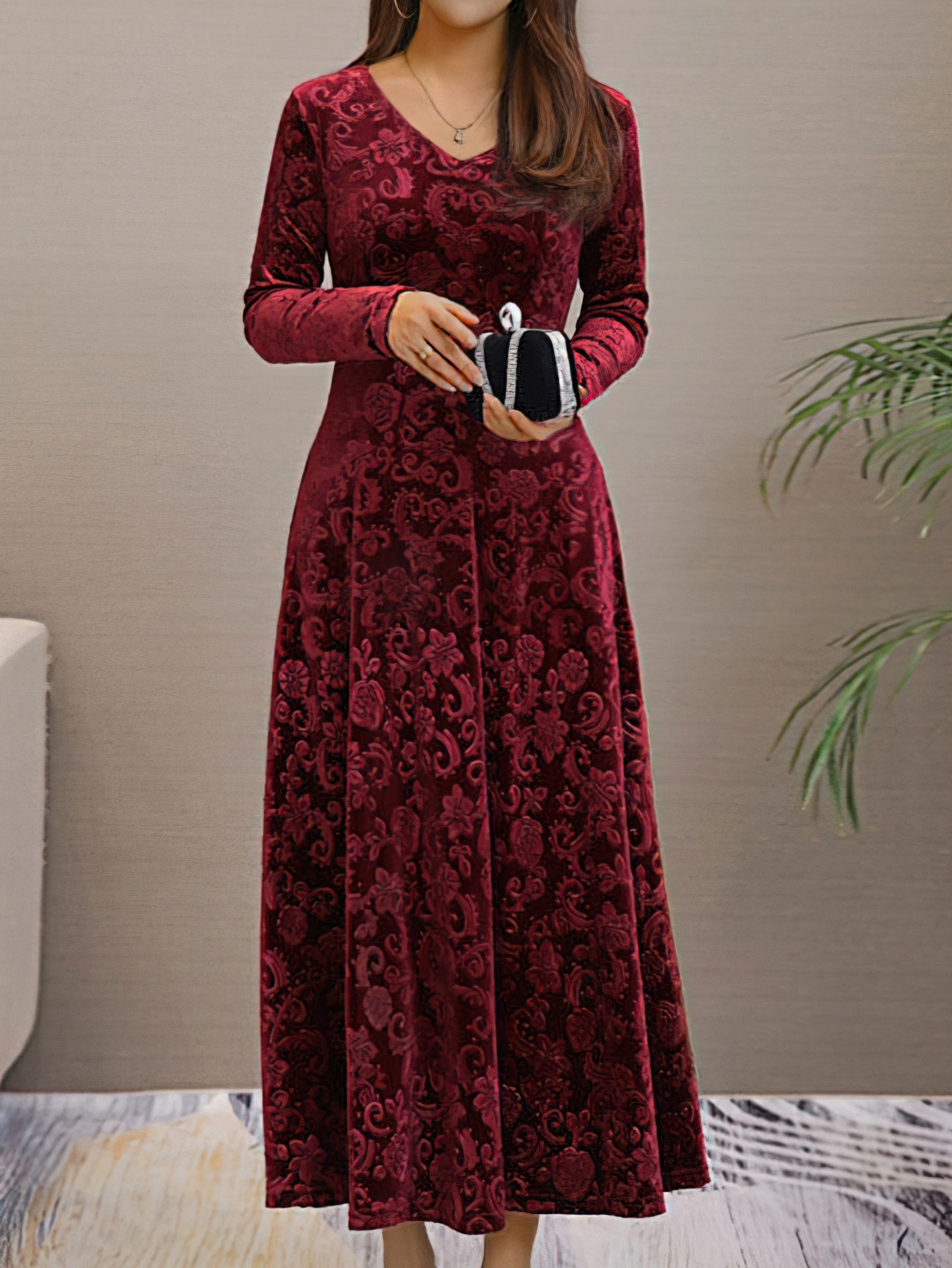 Plus Size Floral Jacquard Velvet Long Sleeve Zipper Maxi - Temu