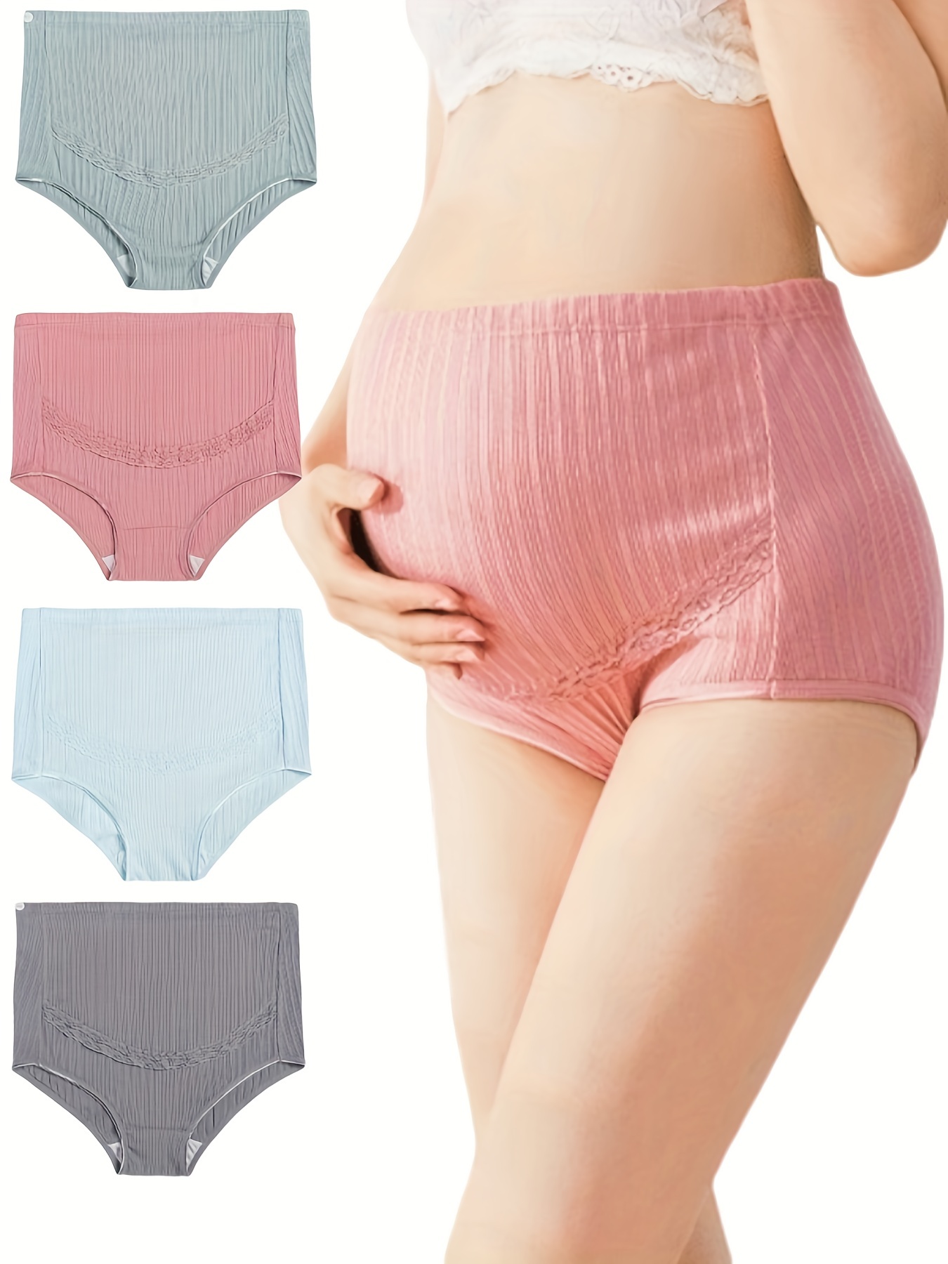 4pcs Lace Cotton Maternity Panties, High Waist Design
