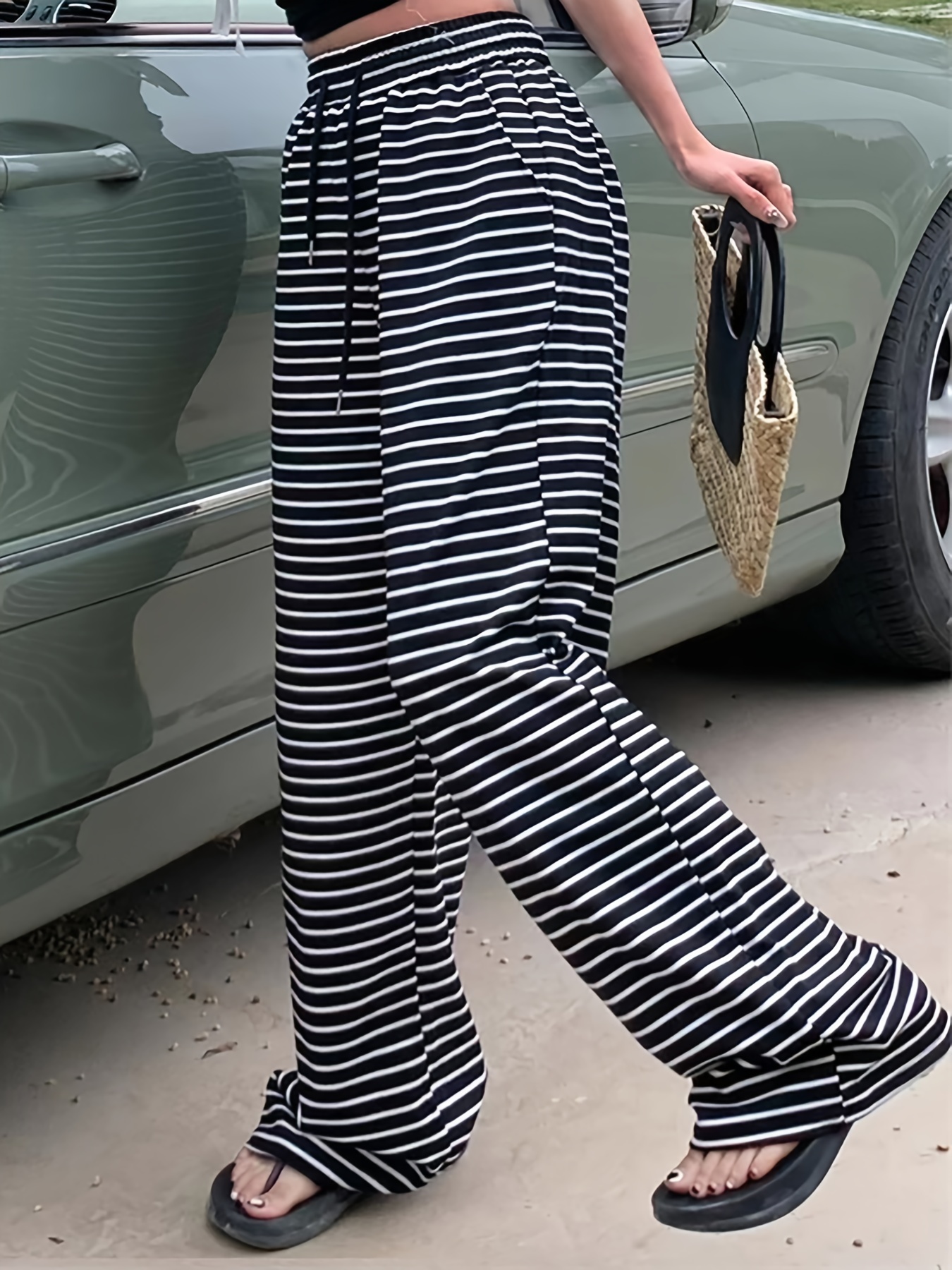 Striped Drawstring Wide Leg Pants Casual Pocket Loose Pants - Temu