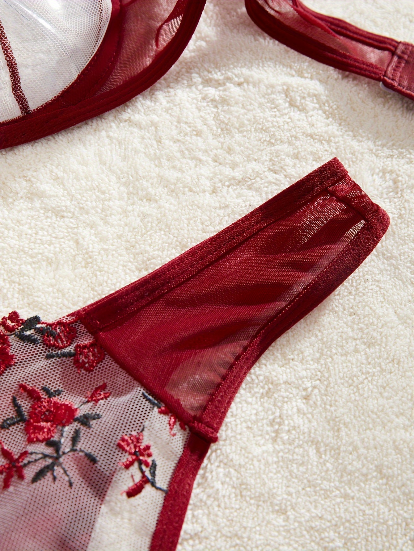 Floral Embroidery Mesh Bra & Panties, Thin Jacquard Bra & Semi-sheer Cheeky  Panties Lingerie Set, Women's Lingerie & Underwear
