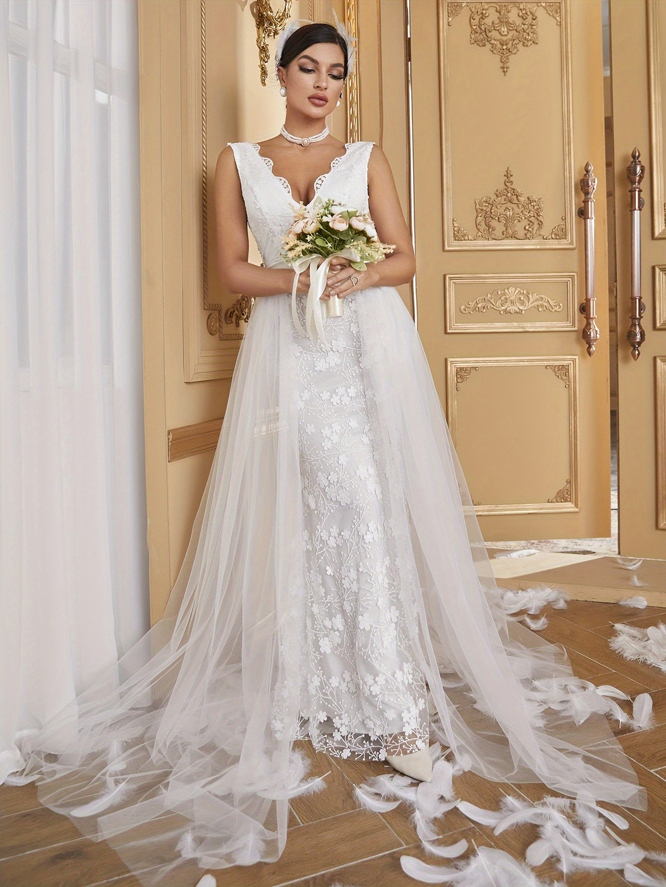 Elegant Mesh Ruffle Sleeve Maxi Dress, Doble Layer Wedding Guest Dresses,  Women's Clothings