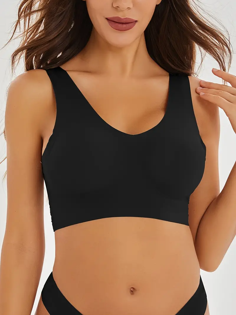 Solid Wireless Plunge Bra Comfy Breathable Stretch Intimates - Temu