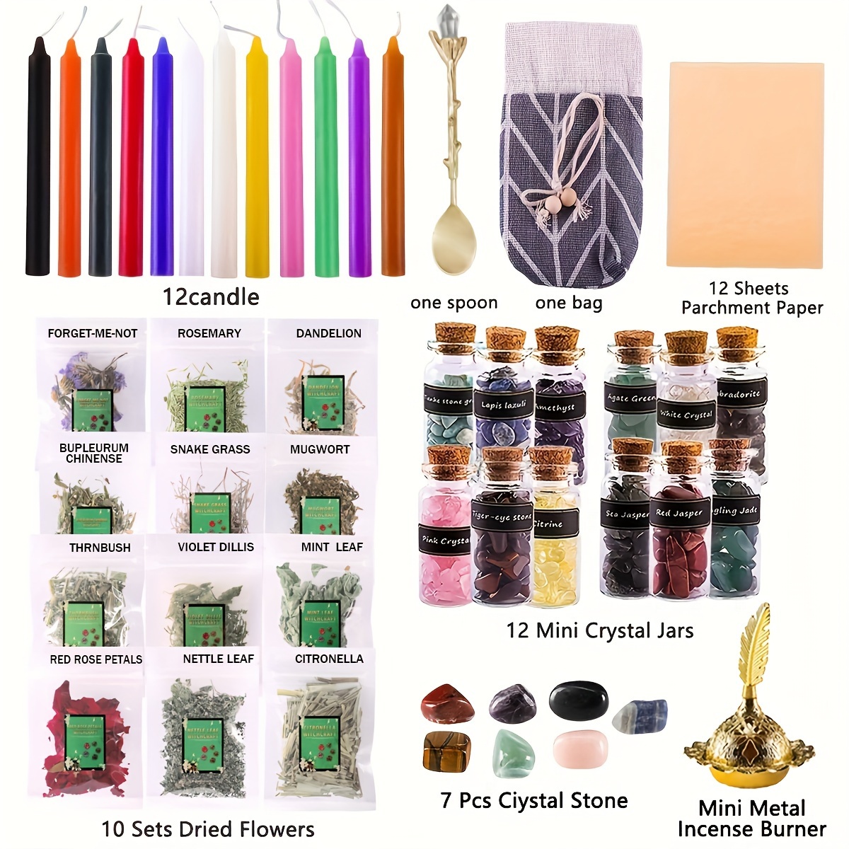 Wiccan Altar Supplies Witchcraft Kit Includes 60 Candles 10 Herbs 10  Crystal Stone 10 Parchment Witch