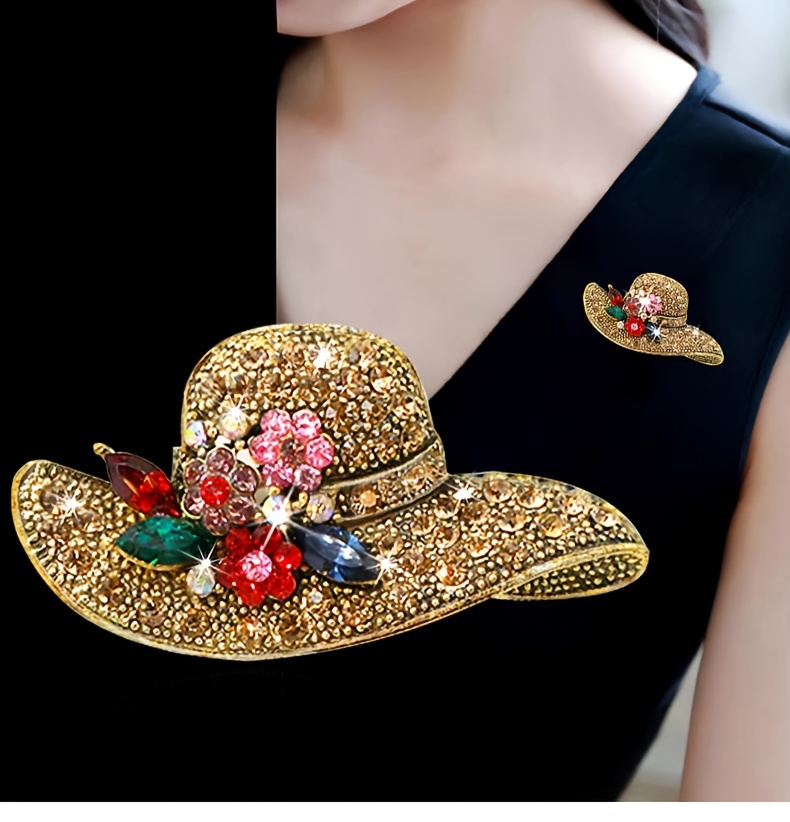 vintage style hat alloy brooch pin inlaid shiny rhinestone elegant temperament sweater coat dress accessories details 0