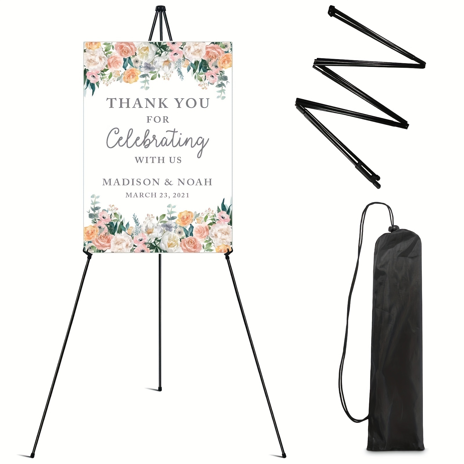 Easel Stand for Display Welcome Sign - 63 Inches Tall Collapsable Portable with Tripod Base for Painting Canvas Wedding Sign - Black