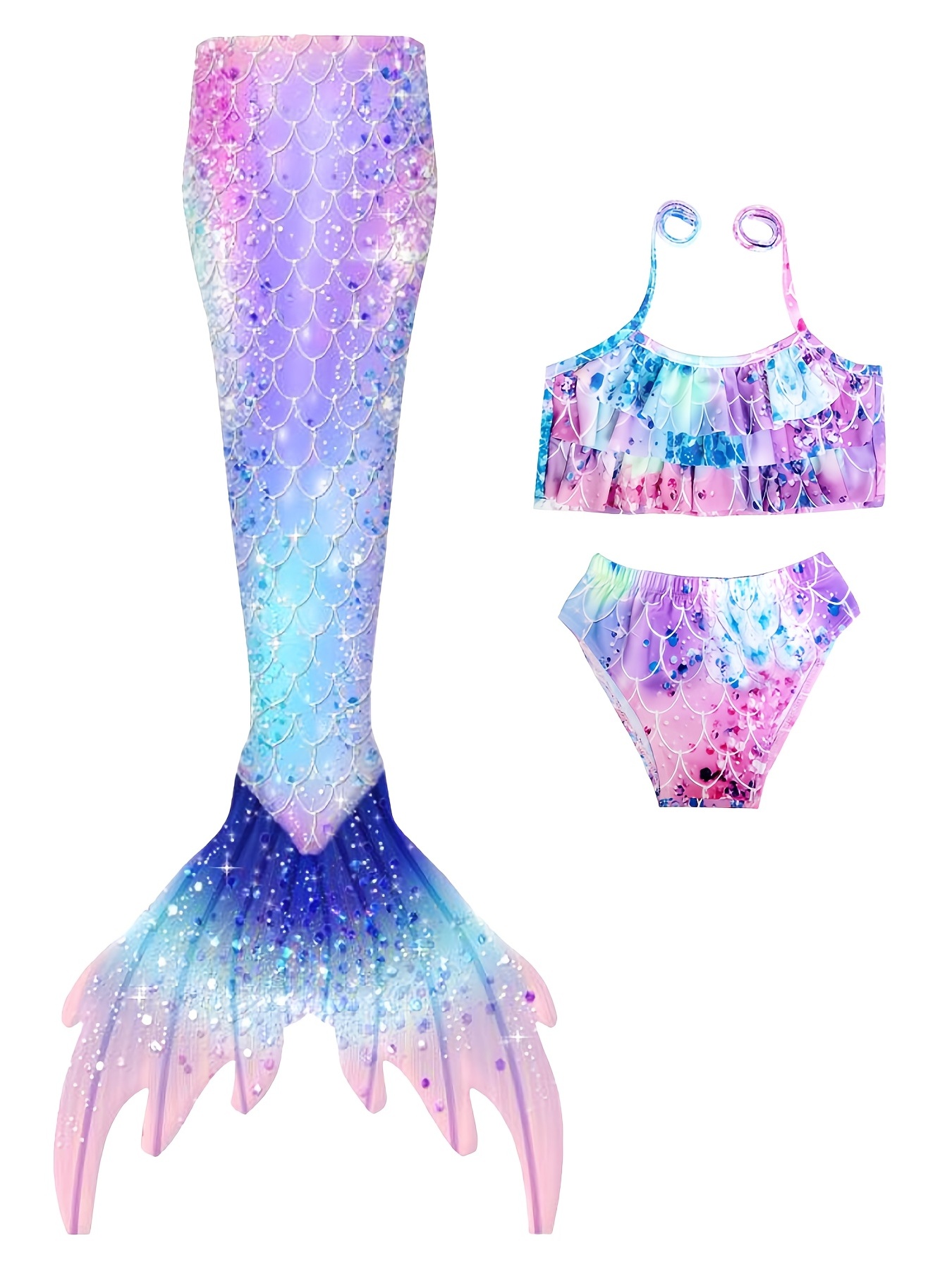 Colas de sirena para nadar para niñas, 5 piezas, conjunto de traje de baño  de bikini de 4 a 13 años