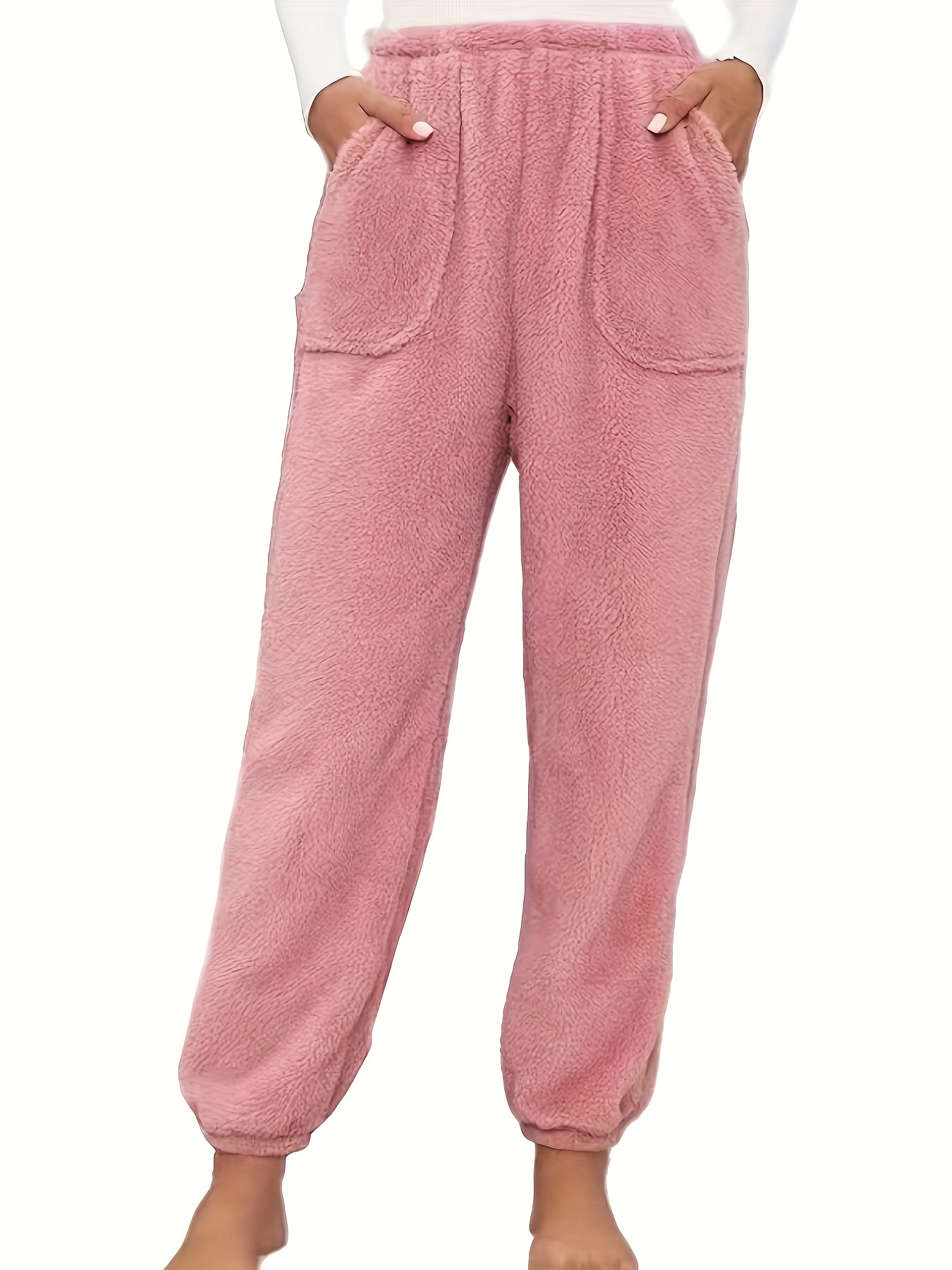 Casual Solid Fleece Lounge Pants Elastic High Waist Joggers - Temu