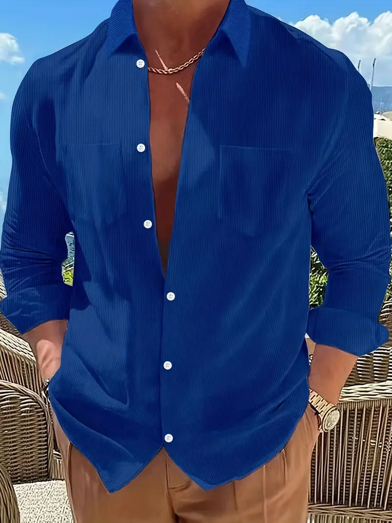 Camisa manga larga, botones, cuello de solapa, ajuste regular, estilo  elegante, color solido para uso diario, para hombres