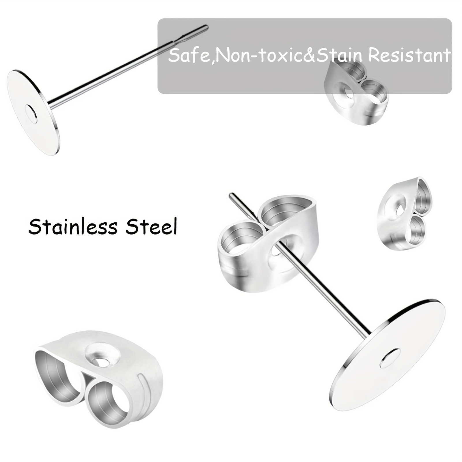 200PCS Nickel-free Stainless Steel Earrings Posts Flat Pad, Earring Backs  for Studs, Hypoallergenic Earring Studs with Butterfly and Rubber Bullet