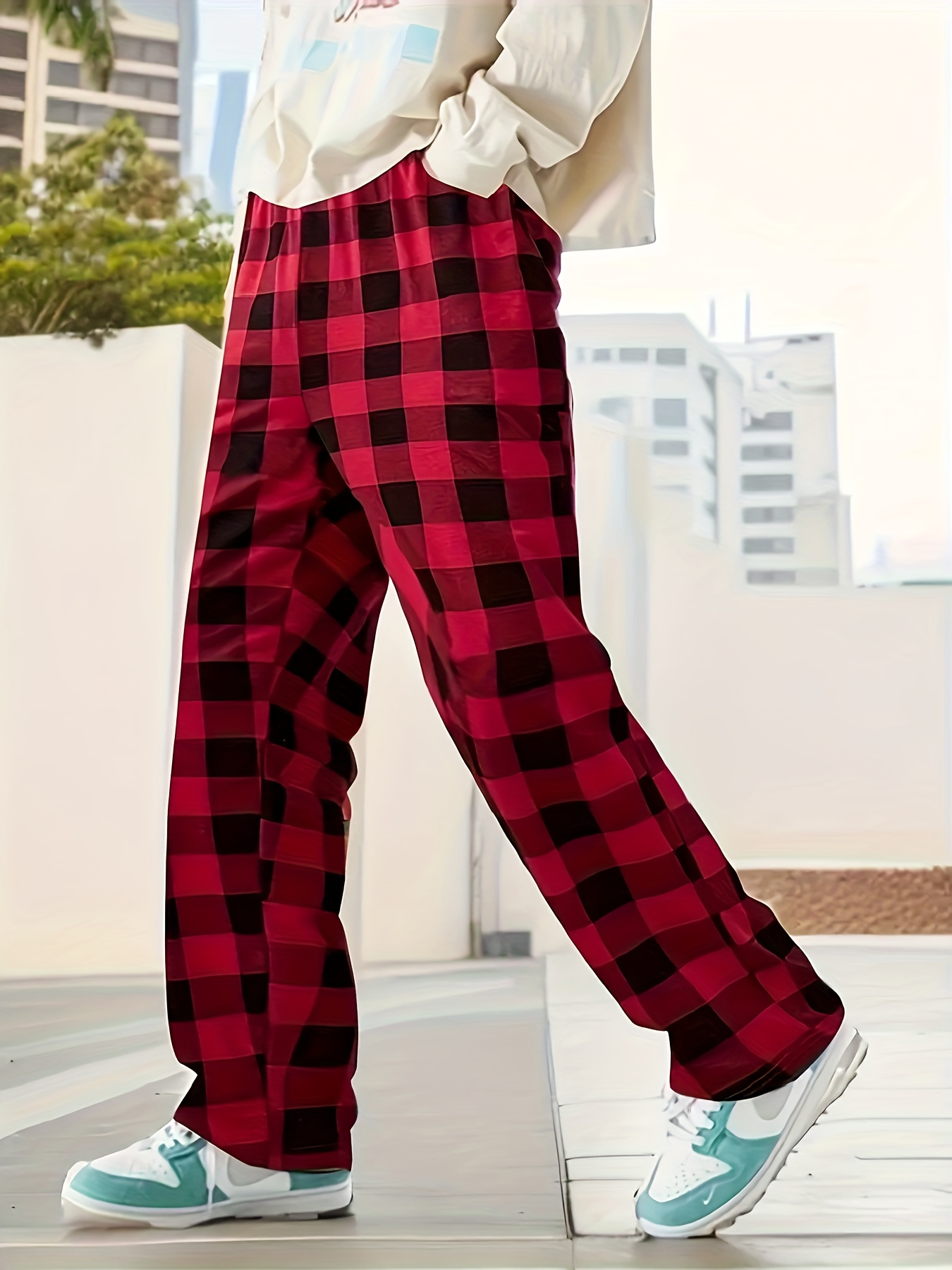Men's Classic Plaid Casual Comfy Pants, Trendy Letter And Graphic Print  Loose Stretchy Home Pajamas Bottom With Pockets