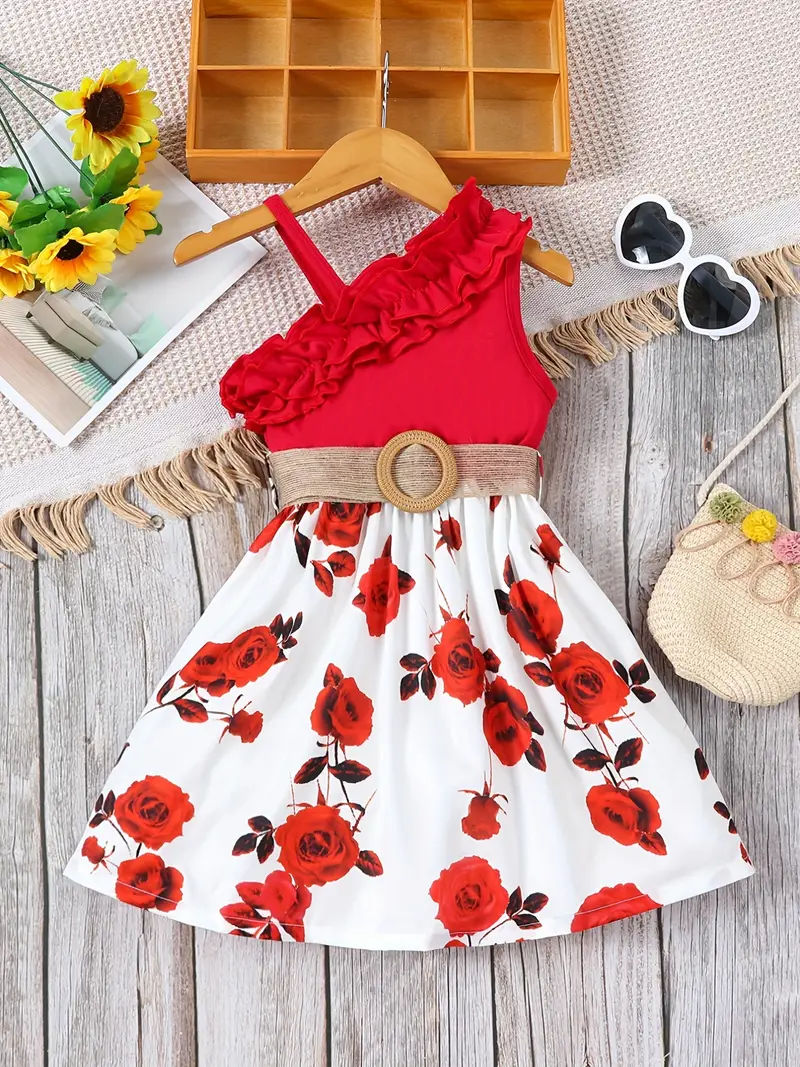 toddler girls asymmetrical neck ruffle trim one shoulder sunflower graphic belted princess dress for party beach vacation kids summer clothes details 12