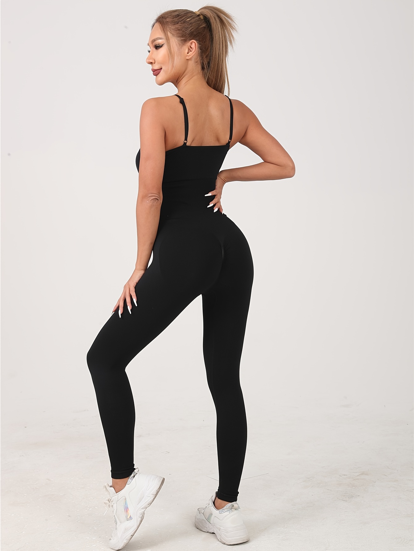 Plain Tummy Control Yoga Jumpsuit, Round Neck High Stretch Yoga Bodysuit,  Women's Activewear