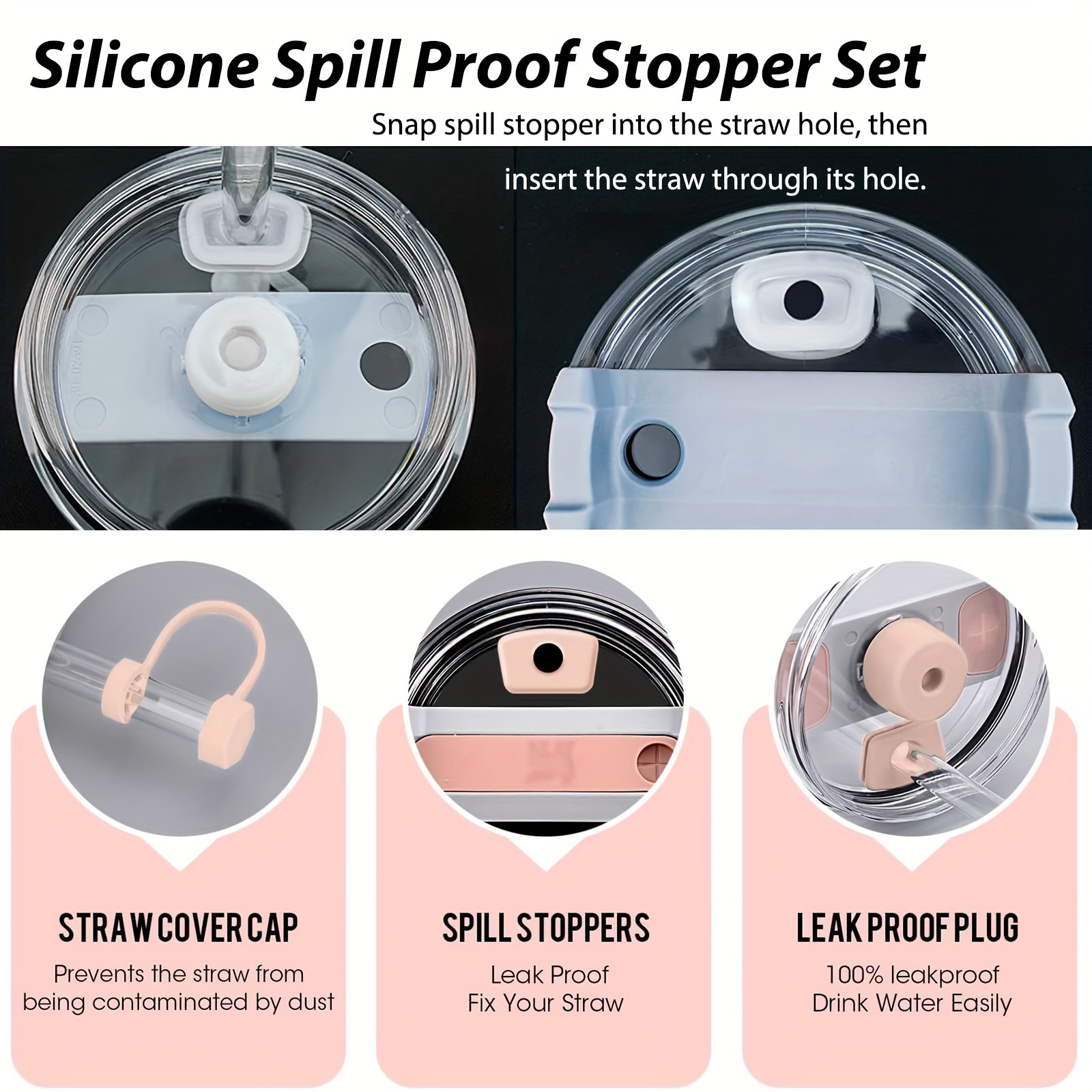 Silicone Spill Proof Stopper Set for Stanley Cup 1.0, 2 Pink Bottle Shaped  Straw Covers Caps 2 Drinking Straw Tips 2 Round Anti Leak Straw Stoppers 2