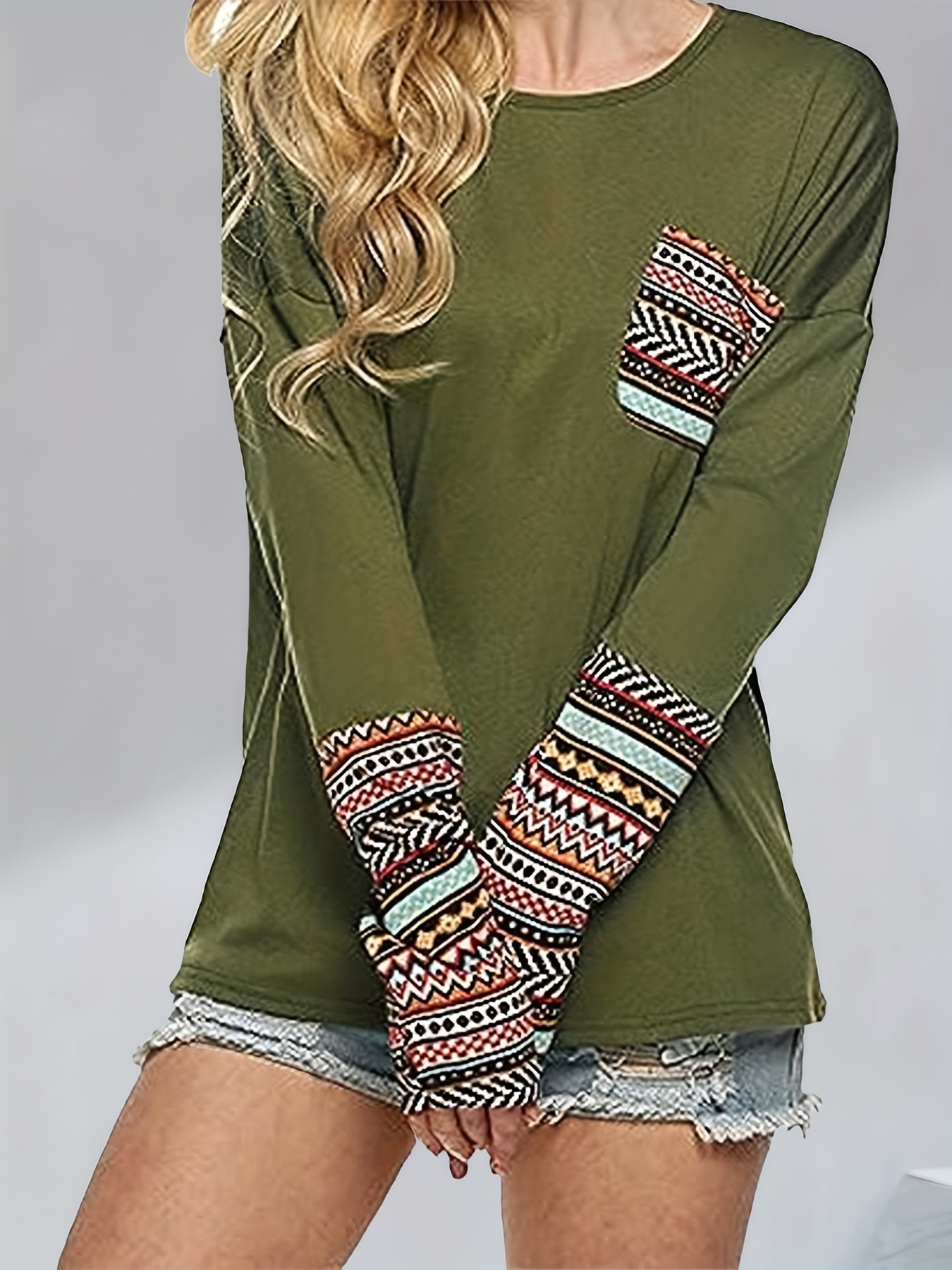 Geometric Print Paneled Crew Neck T-Shirt, Casual Long Sleeve Top For  Spring & Fall, Women's Clothing