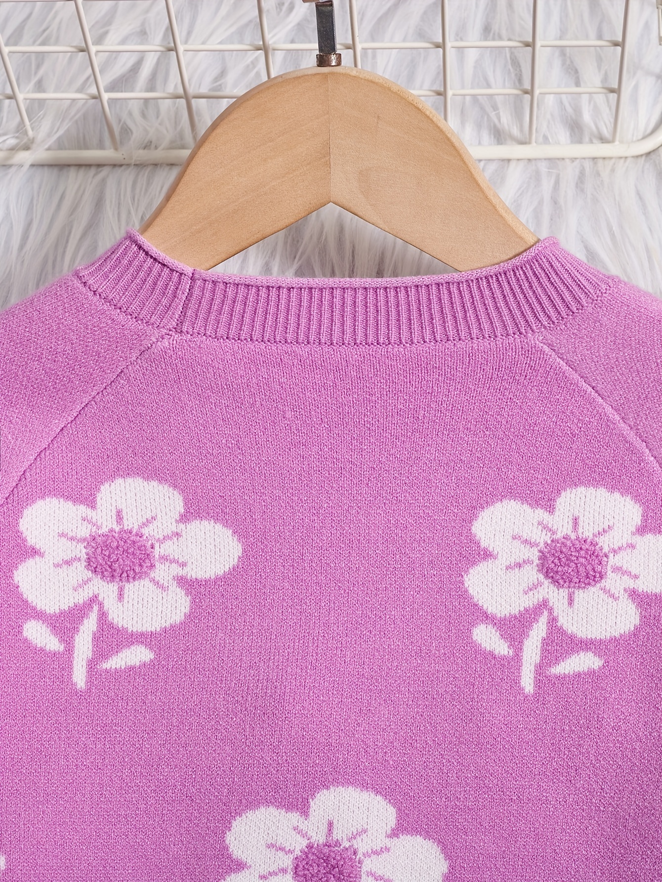 Girls' Flower Jacquard Knitted Crewneck Long Sleeve Pullover