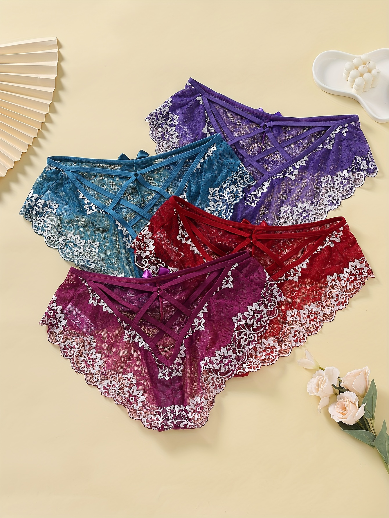 Women Sexy Lace Floral Briefs Female Bow Cross String Panties