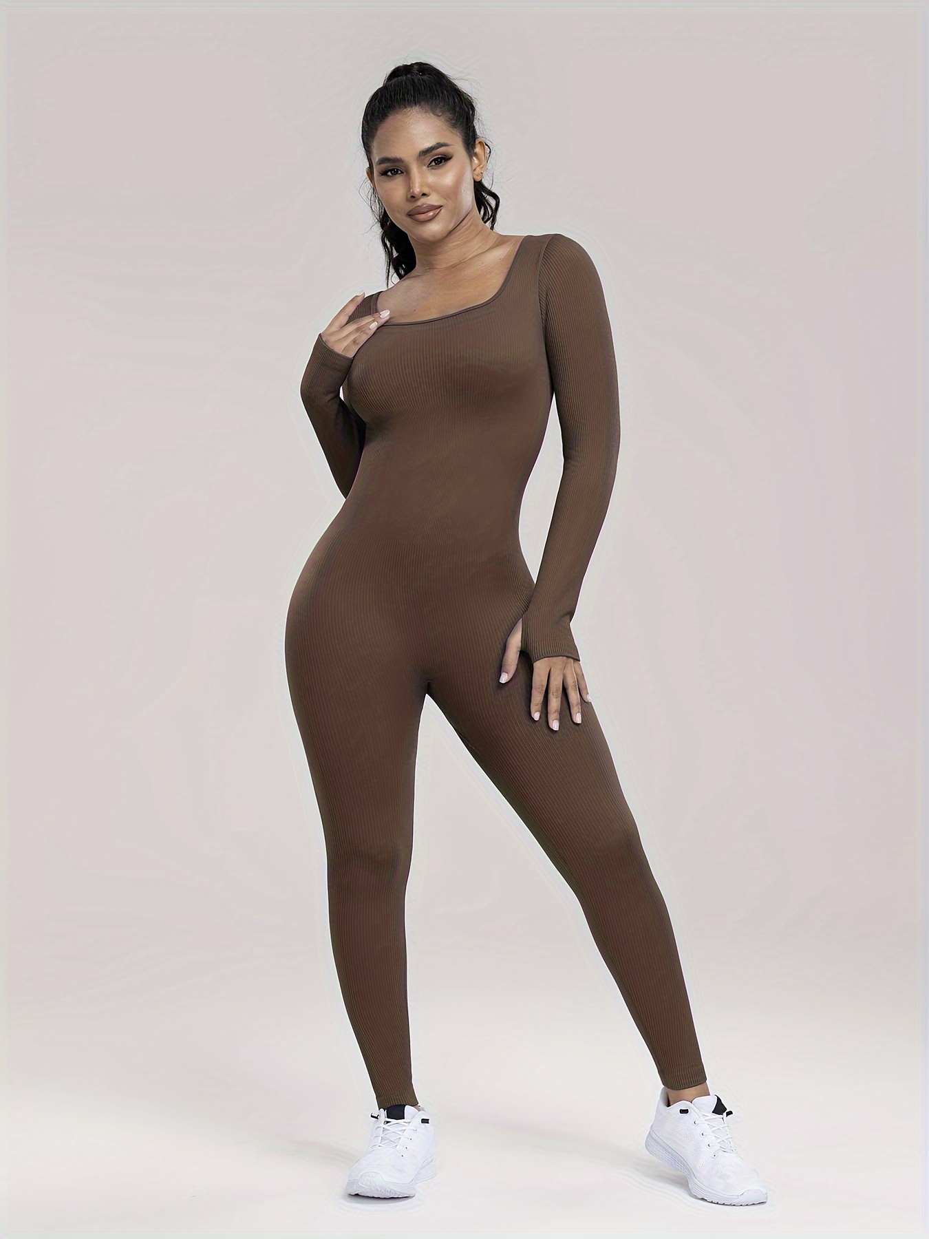 Solid Color Ribbed Long Sleeve Seamless Jumpsuit