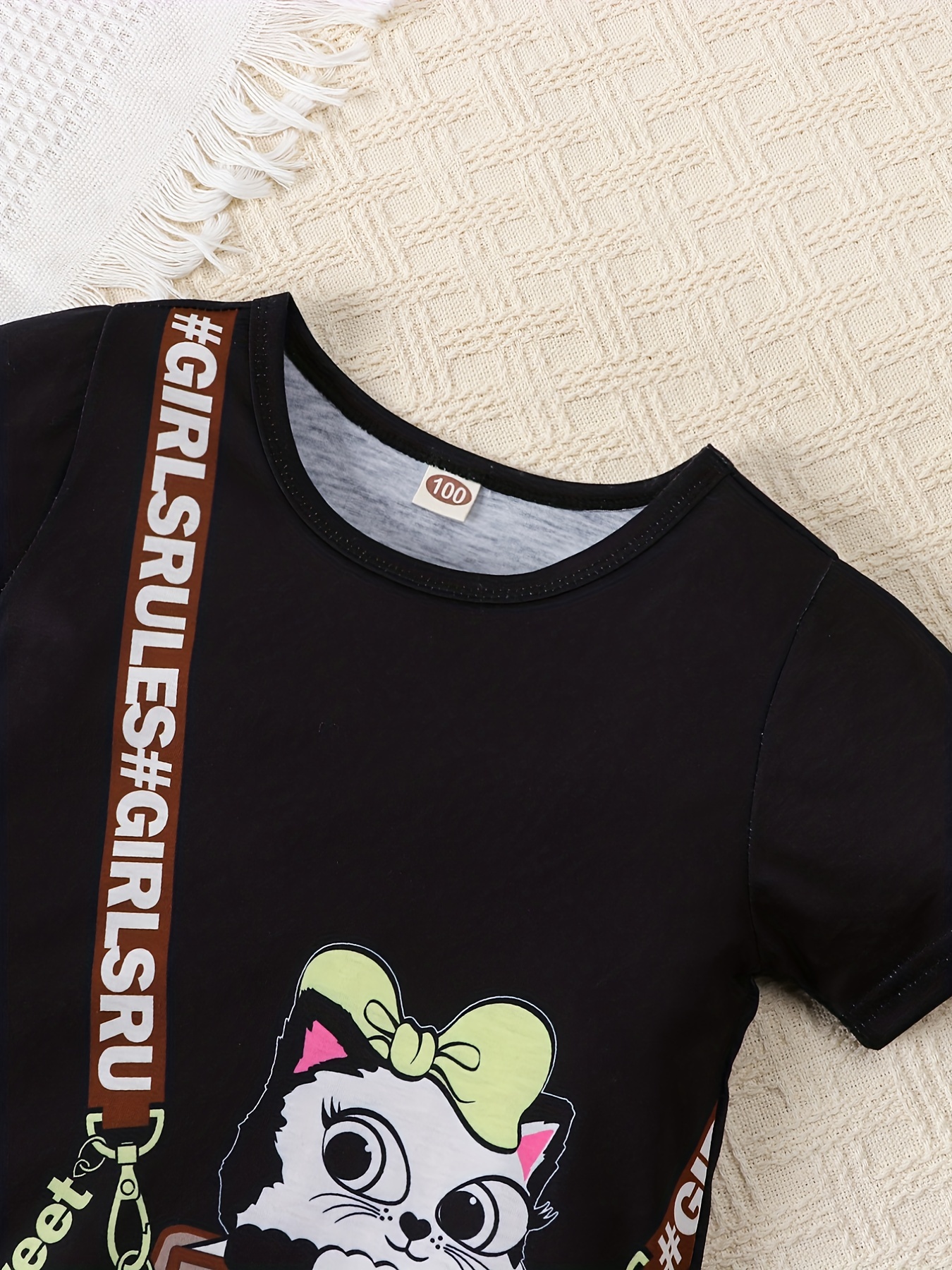 Girls Cat Print Short Sleeve Dress