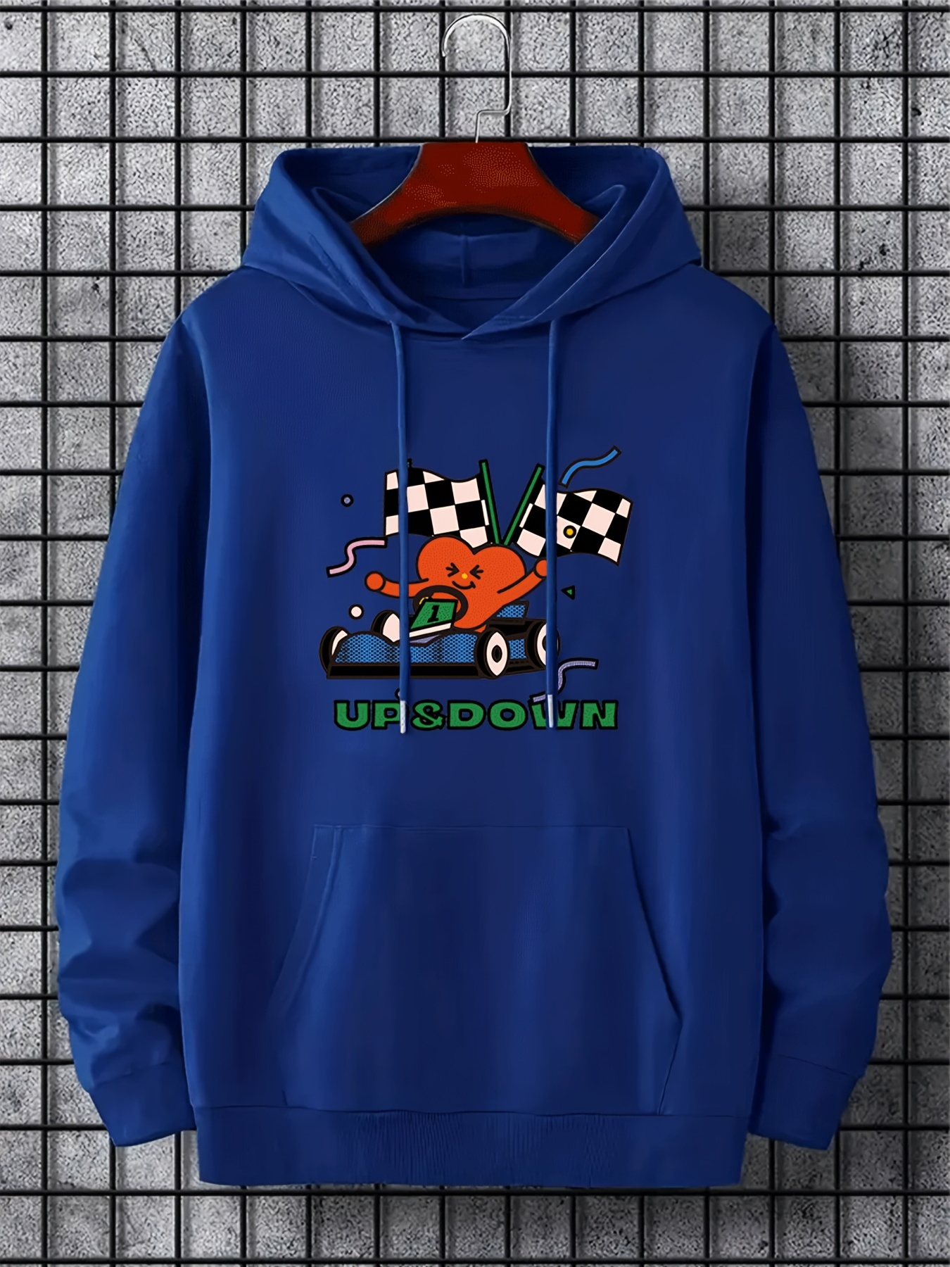 Up & Down Racing Car Graphic Print Hoodie, Cool Hoodies For Men