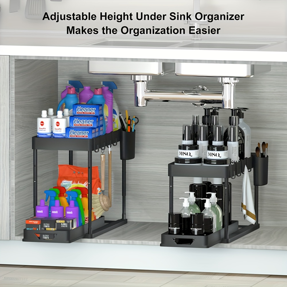 JWQ Under Sink Organizers and Storage 2 Pack, Pull-out Large Capacity Under  Bathroom and Kitchen Cabinet Storage Drawer Organizer with Hooks