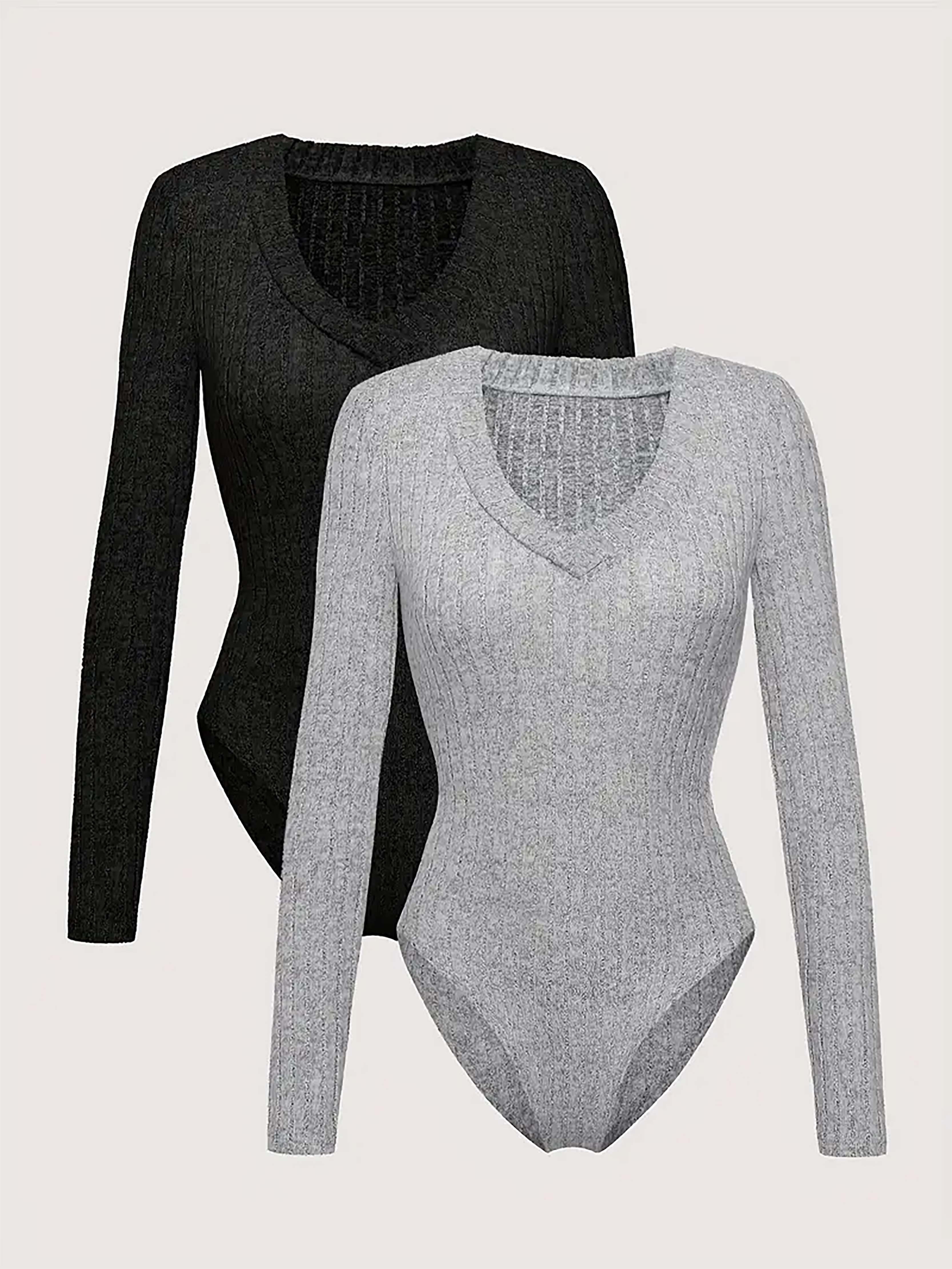 Solid V Neck Long Sleeve Bodysuit Sexy Comfy Stylish - Temu