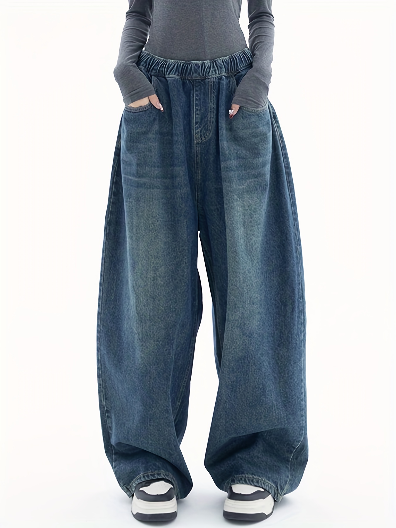 Elastic Waistband Baggy Wide Leg Jeans Slash Pocket Loose - Temu