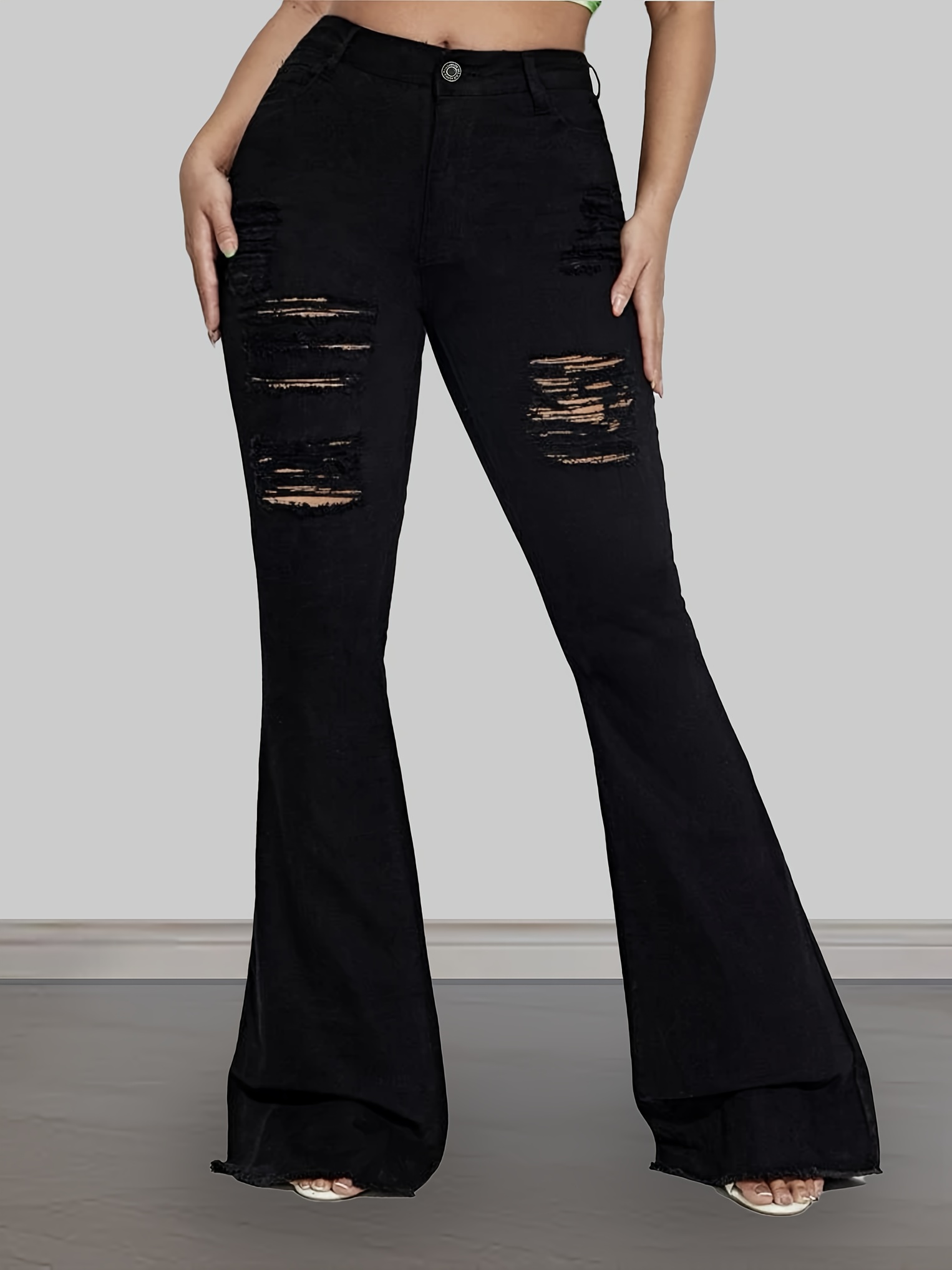 Black Ripped Holes Bell Bottom Jeans, High Waisted Fashion Flare Denim  Pants, Women's Denim Jeans & Clothing