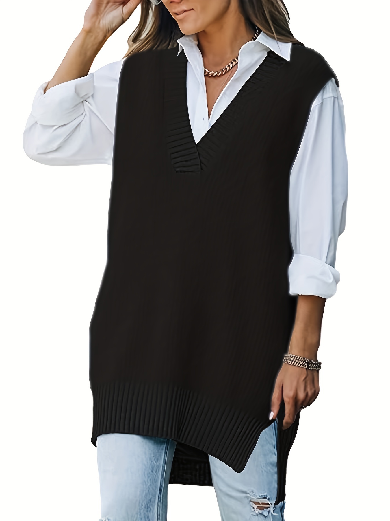 Solid V Neck Sweater Vest Sleeveless Casual Sweater Spring - Temu Canada