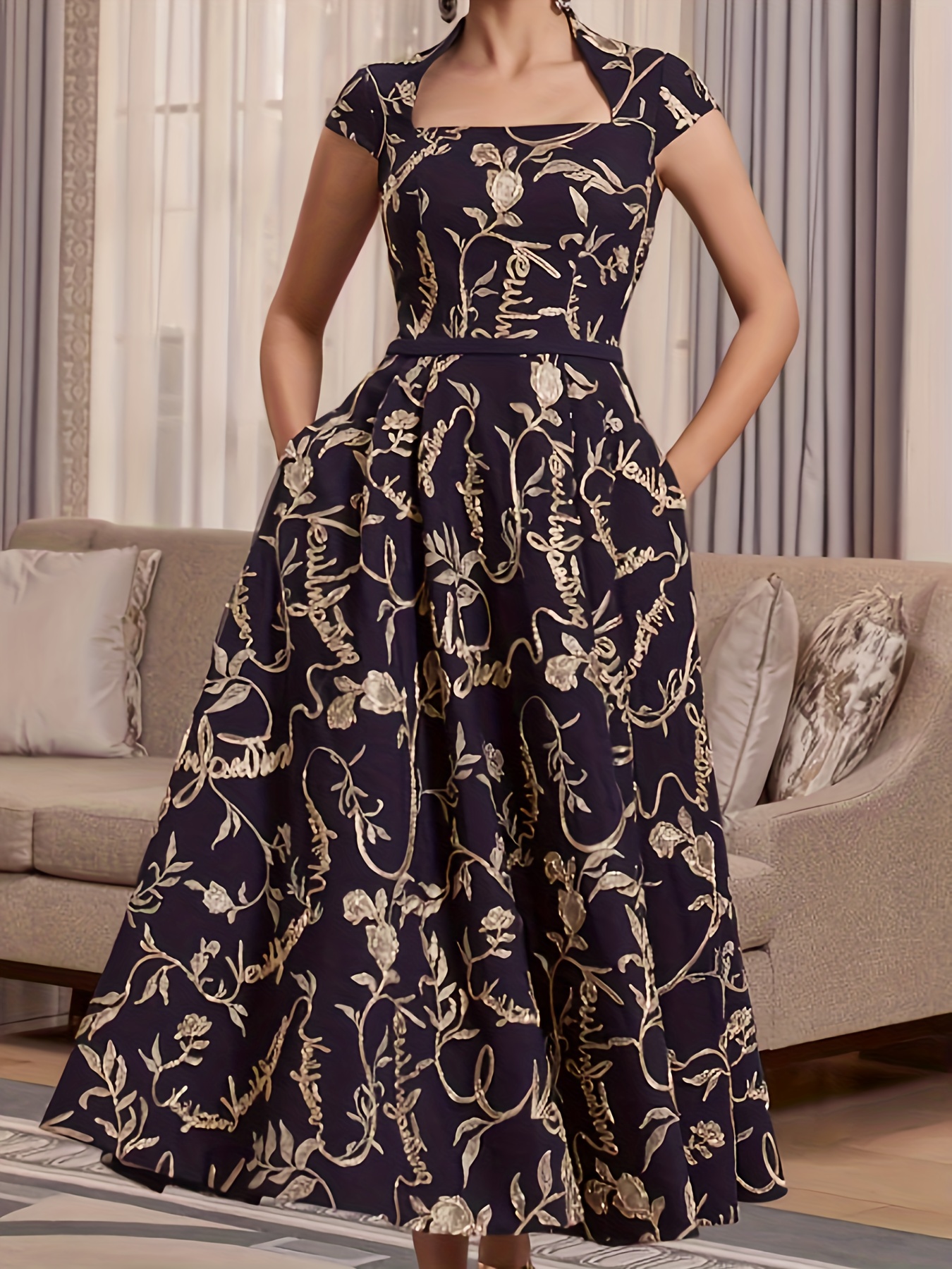 Κομψό Φόρεμα Παράνυμφος, Γυναικείο Plus Floral Στάμπα, Μανίκι Με Τετράγωνο Λαιμό, Μάξι Βραδινό Επίσημο Φόρεμα