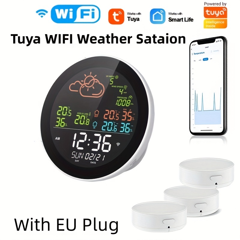 EU Plug With 3 Sensor Tuya Wi-Fi Väderstation Färgskärm Smart Alarmklocka  LCD Digital Temperatur Luftfuktighet Tid Kalender UV-termometerstation  Inomhustemperaturtester Hygrometer - Temu Sweden