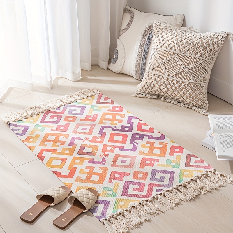 Bohemian Print Non-slip Bathroom Rug With Fringe - Soft Cotton