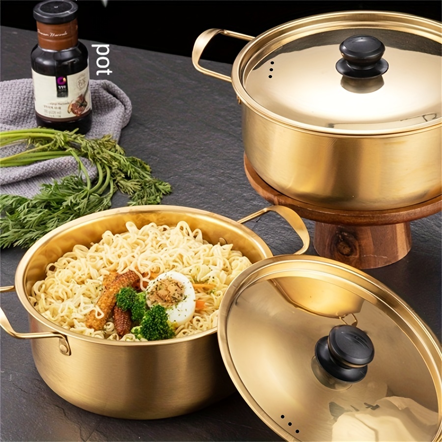 1pc Cooking Pot With Lid, Korean Noodle Cooker, Soup Cooker, Stainless  Steel Thickened Ramen Cooker, Golden Small Hot Pot, Double Ear Soup Pot