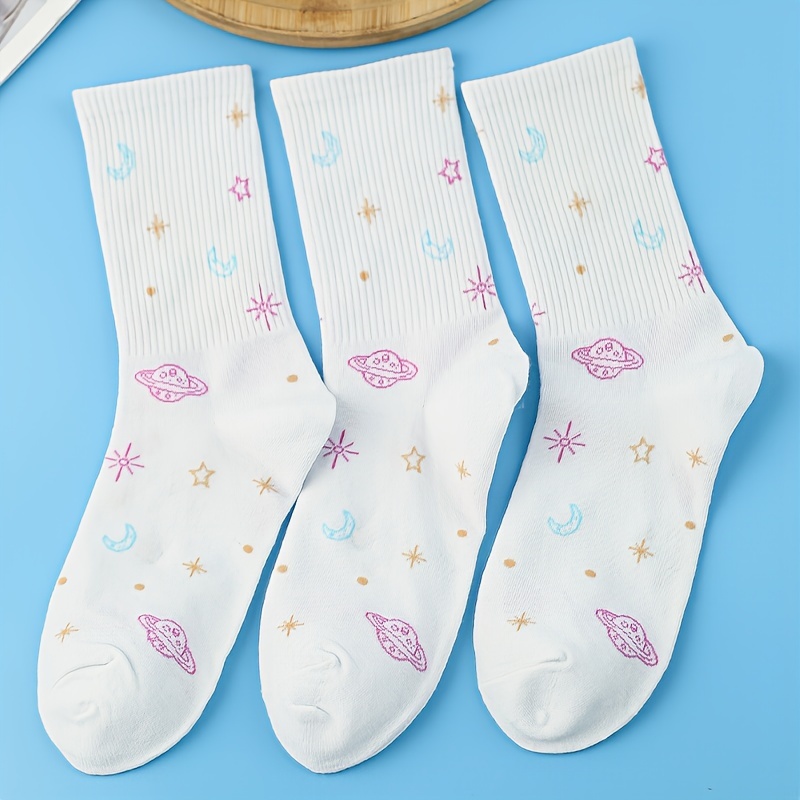 1 2 3 Pairs Planet Print Comfy & Mid Tube Socks