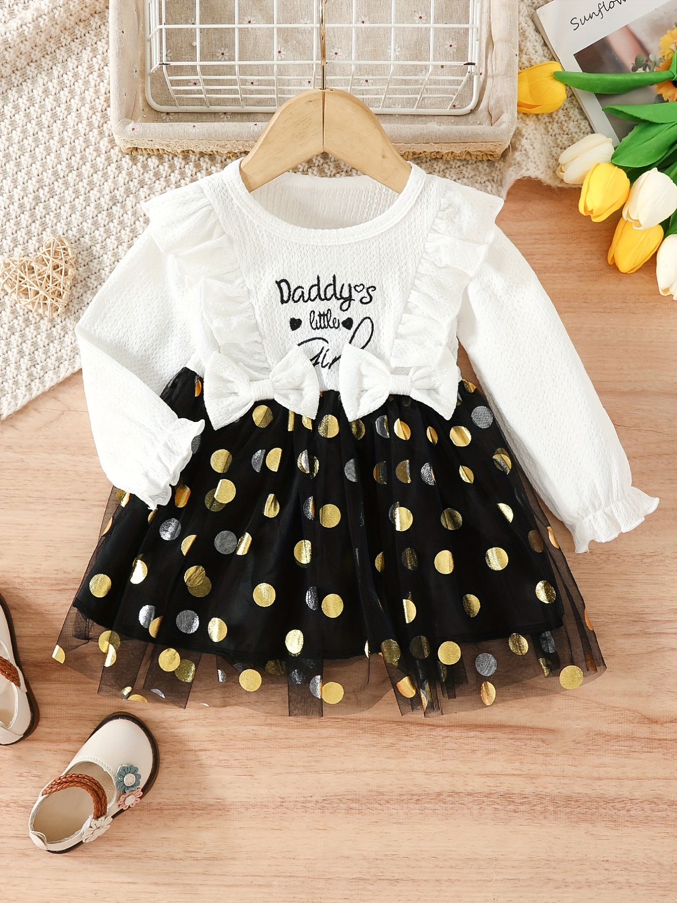 Baby Girl's Cute Polka Dot Print Bow Short Sleeve Dress - Temu