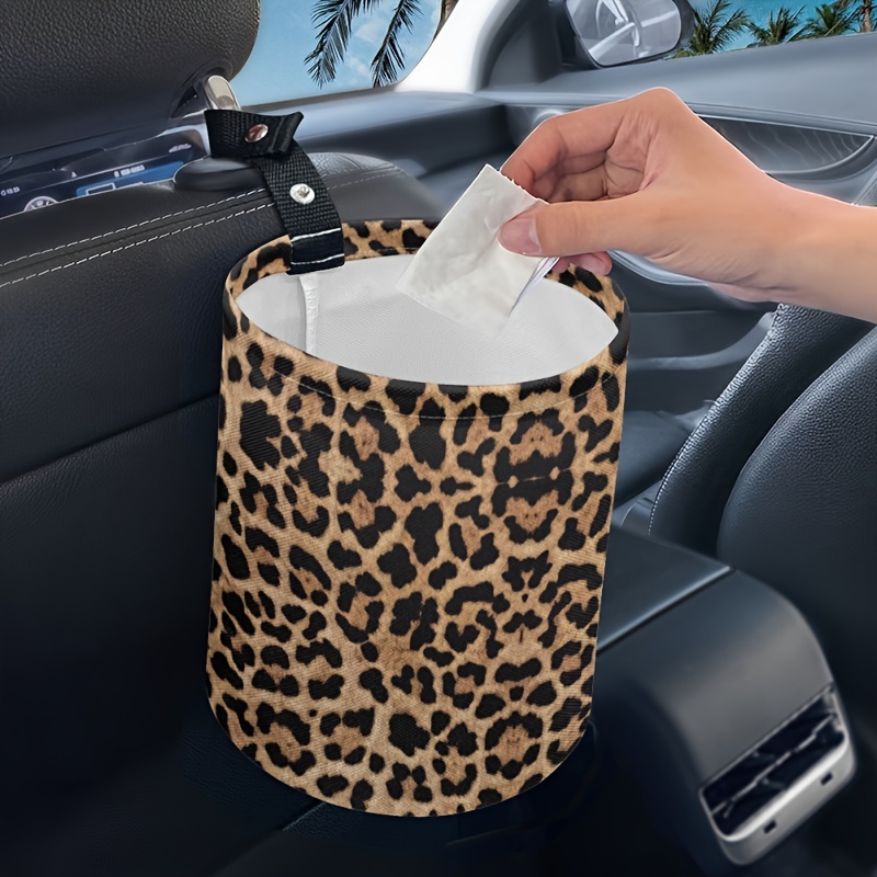 Brown Leopard Cheetah Print Car Trash Can Foldable Hanging Car