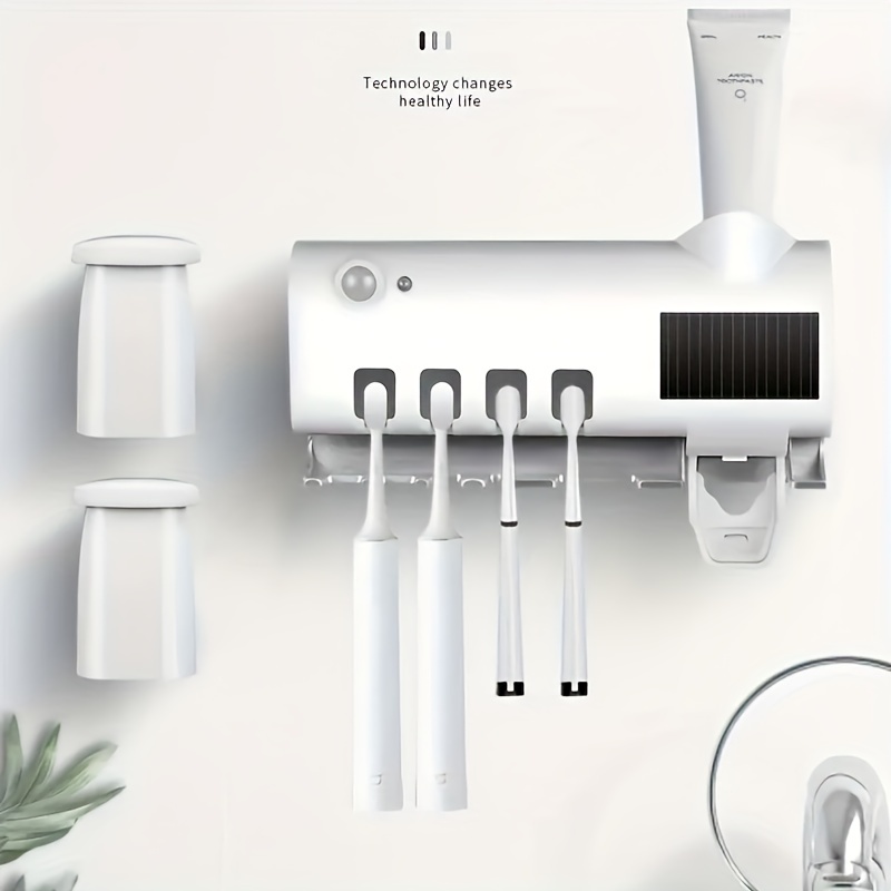 1pc toothbrush uv disinfection device wall mounted 4 slot toothbrush intelligent disinfection and toothpaste dispenser solar panel toothbrush wall bracket intelligent disinfection bathroom accessories details 5