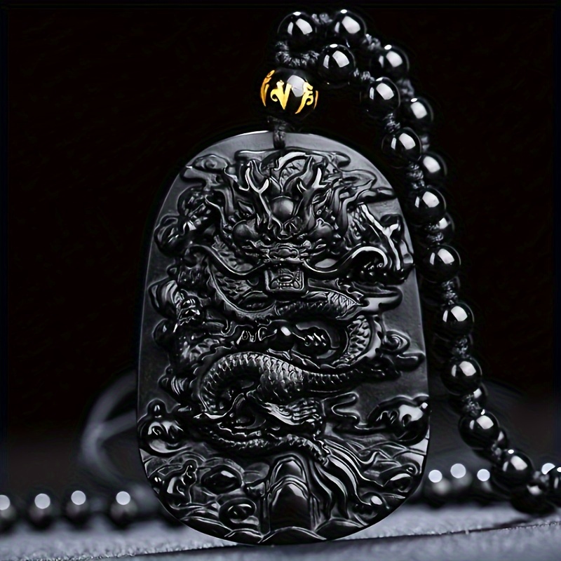 

1pc Retro Ethnic Style Obsidian Pendant Necklace, With Dragon Pattern, Necklace For Men And Women, Ideal Choice For Gifts