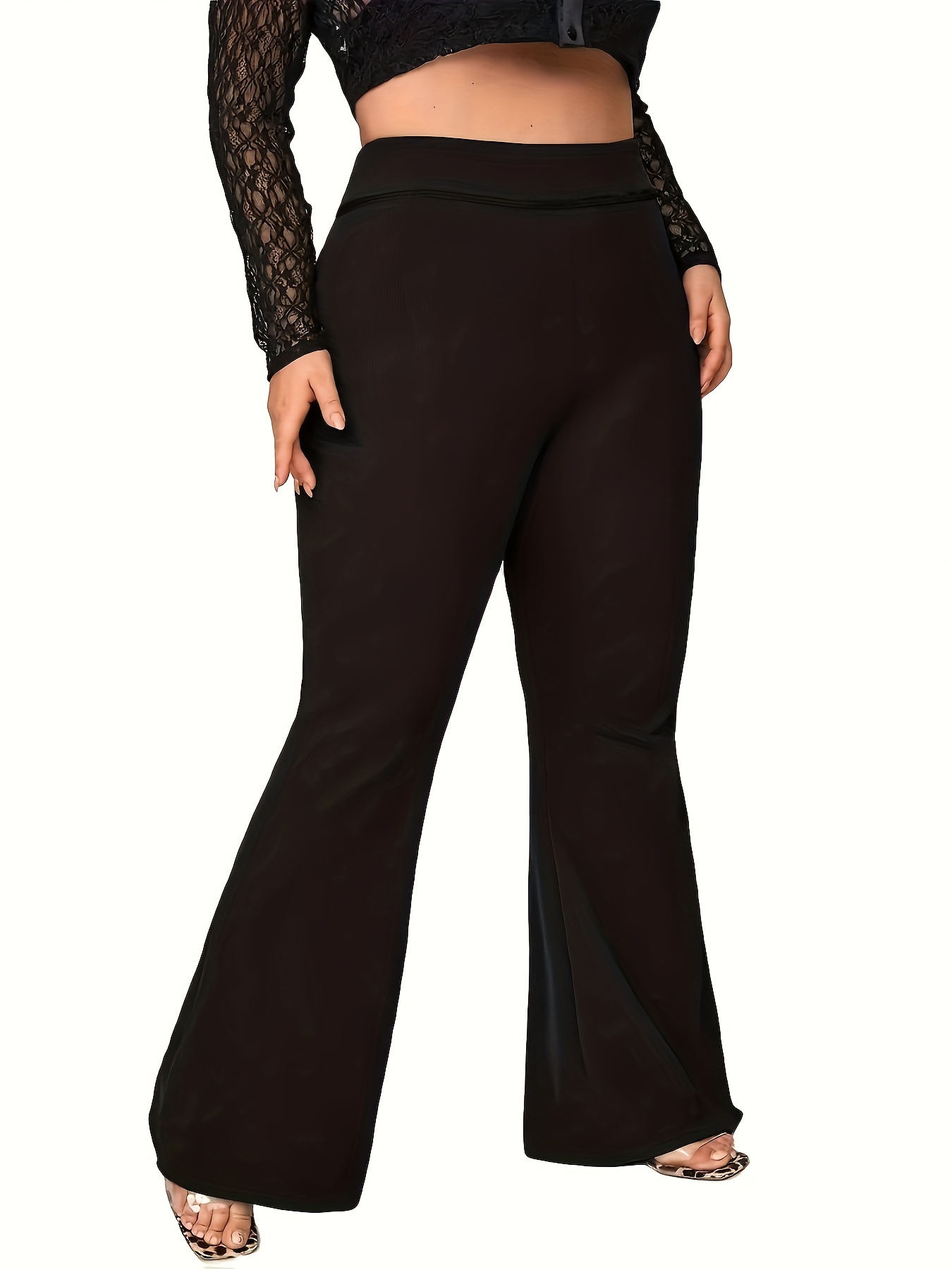 Plus Size Solid Slit Flare Leg Leggings Casual Every Day - Temu Canada