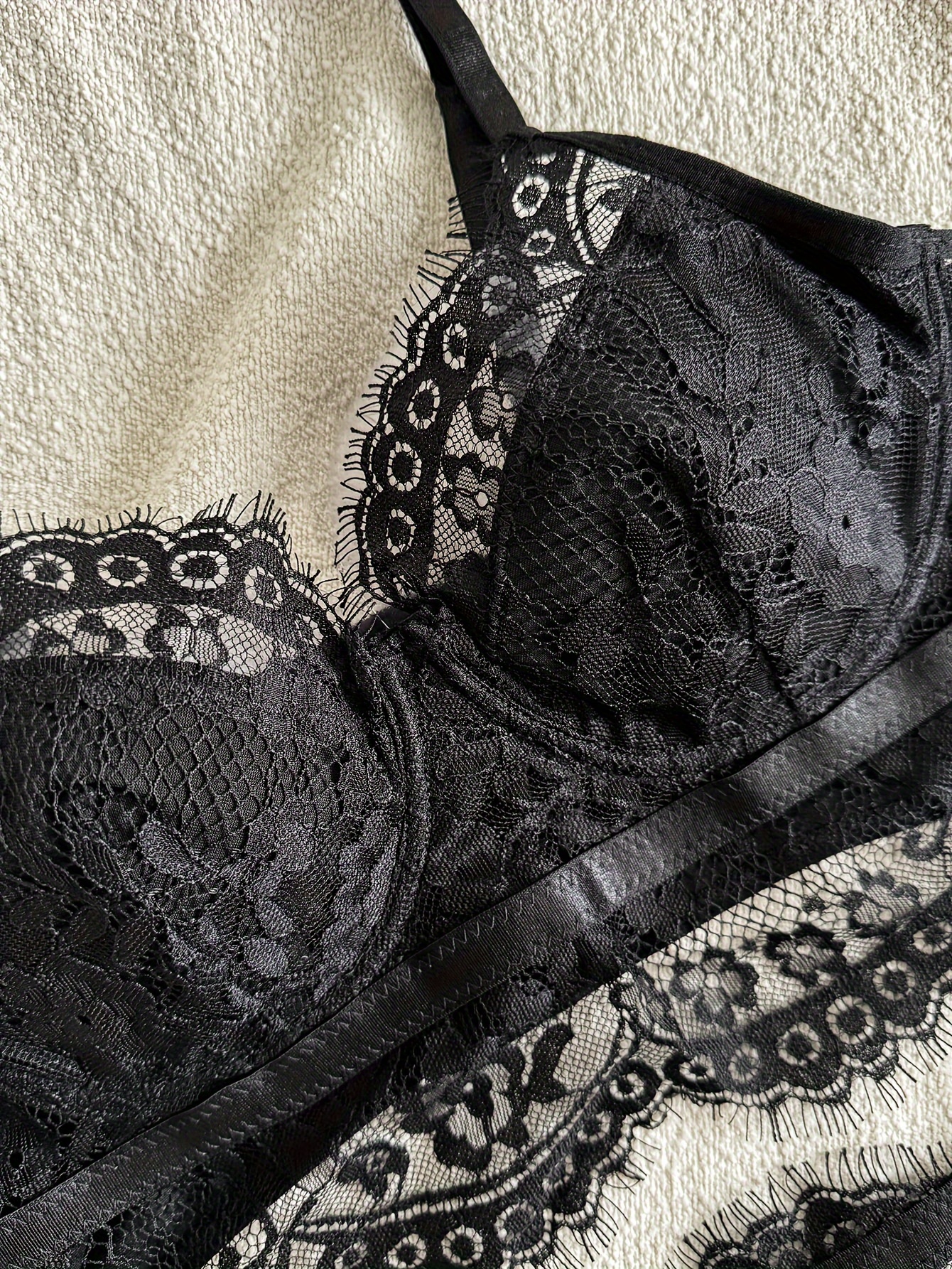 Sexy Plain Black Lace Bra & Thong Panty, Underwire Spaghetti Strap Bra &  Semi Sheer Panties Lingerie Set, Women's Lingerie & Underwear