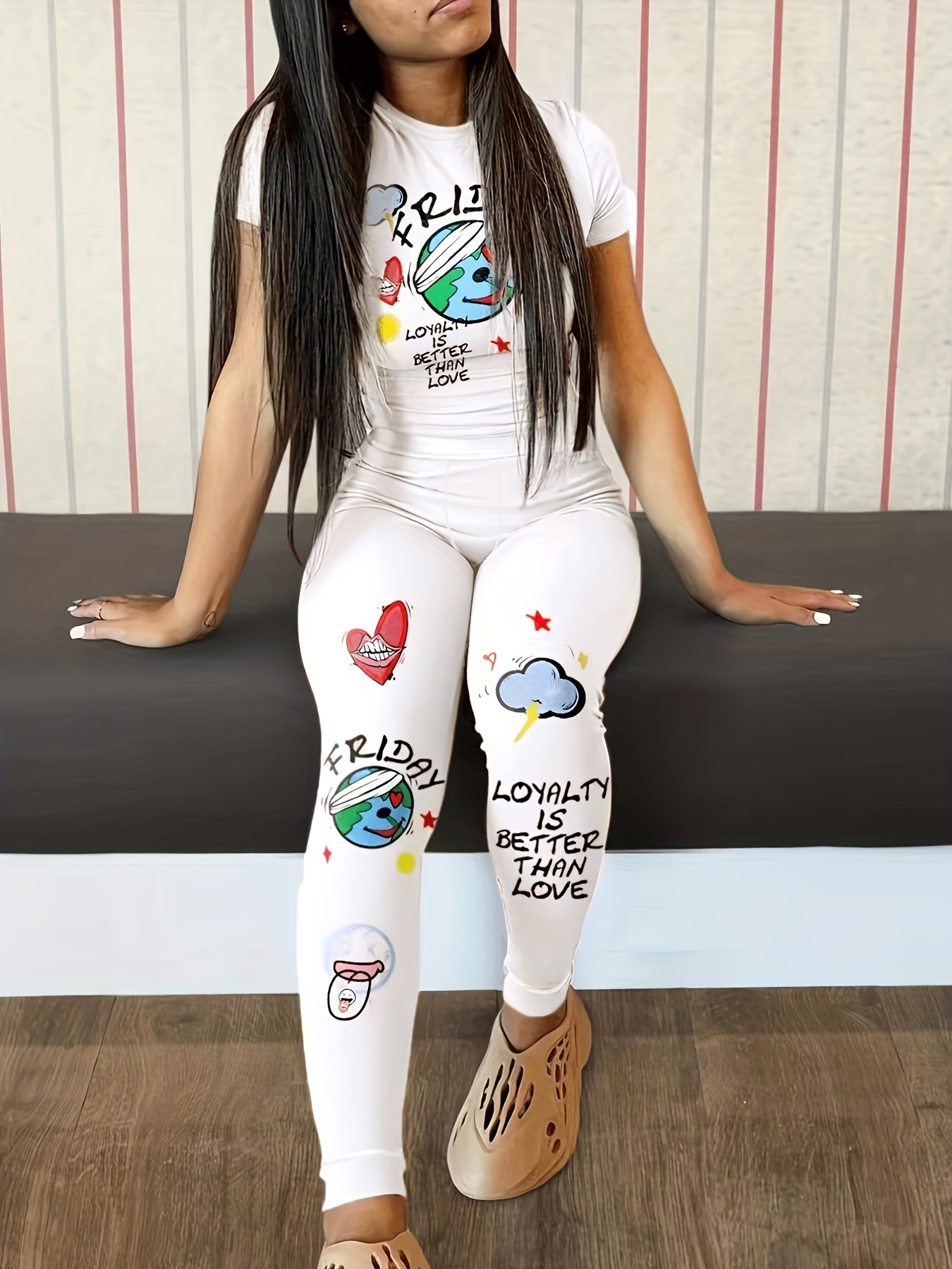 Leggings Tee Two piece Set Cartoon Print Short Sleeve Casual - Temu