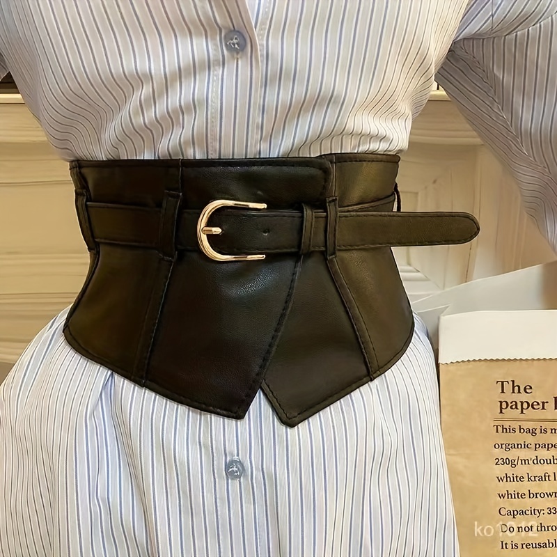 Classic Pin Buckle Wide Belt Black PU Cinch Belt Black Corset Waistband  Waspie Waist Belts Vintage Dress Coat Belt For Women