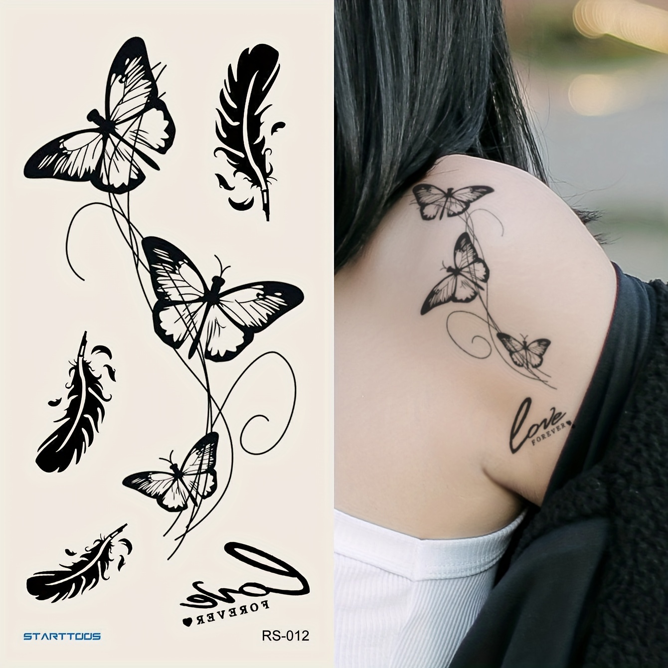 2 Peças Preto Flor & Borboleta Tatuagem Temporária Adesivos Para Mão