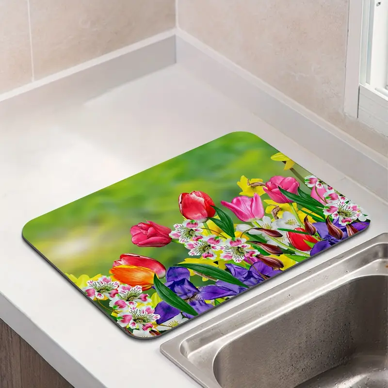 Daffodils And Tulips Flowers Dish Drying Mat For Kitchen Counter, Spring  Floral Green Leaves Dishes Pad, Absorbent Fast Dry Dish Draining Mats,  Large, Kitchen Accessories, - Temu