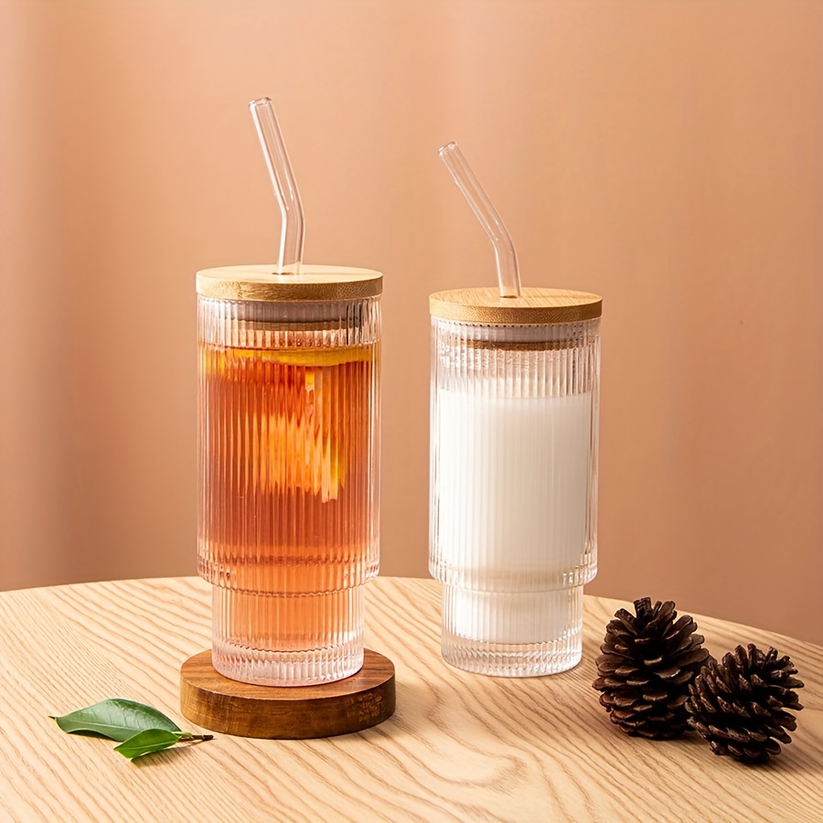 Naeety 16OZ Ribbed Glass Cups with Lids and Straws, Ribbed Glassware Set of  4, Drinking Glasses with Bamboo Lid, Vintage Fluted Glassware for Cocktail