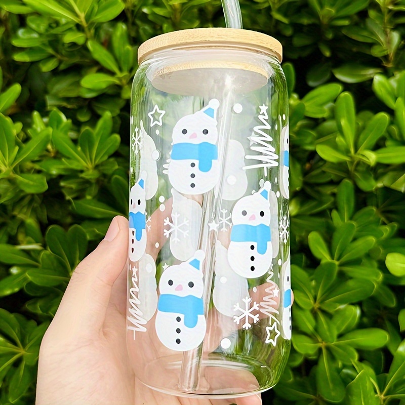 1pc, Christmas Snowman Drinking Glass With Lid And Straw, 500ml/16.9oz Can  Shaped Water Cup, Blue Snowflake Iced Coffee Cup, For Beer, Juice, Milk, Bi