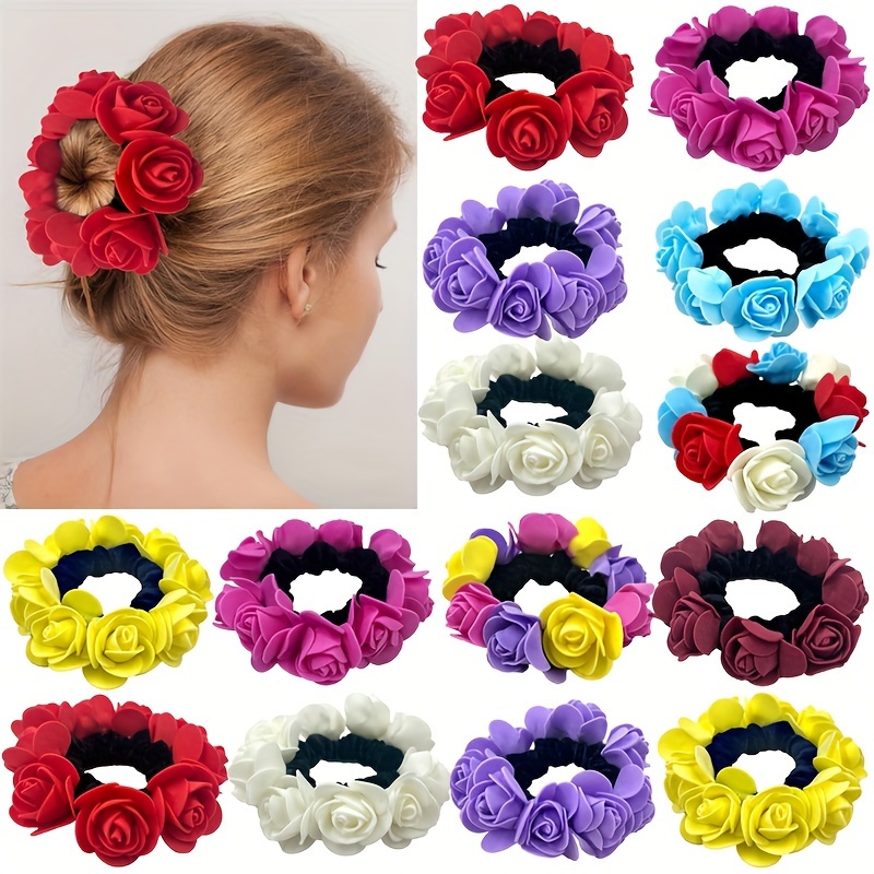 4Pcs Korean Fashion Pearl Hair Rope Rose Flower Rhinestone Hair Ties/  Jewelry Rubber Band