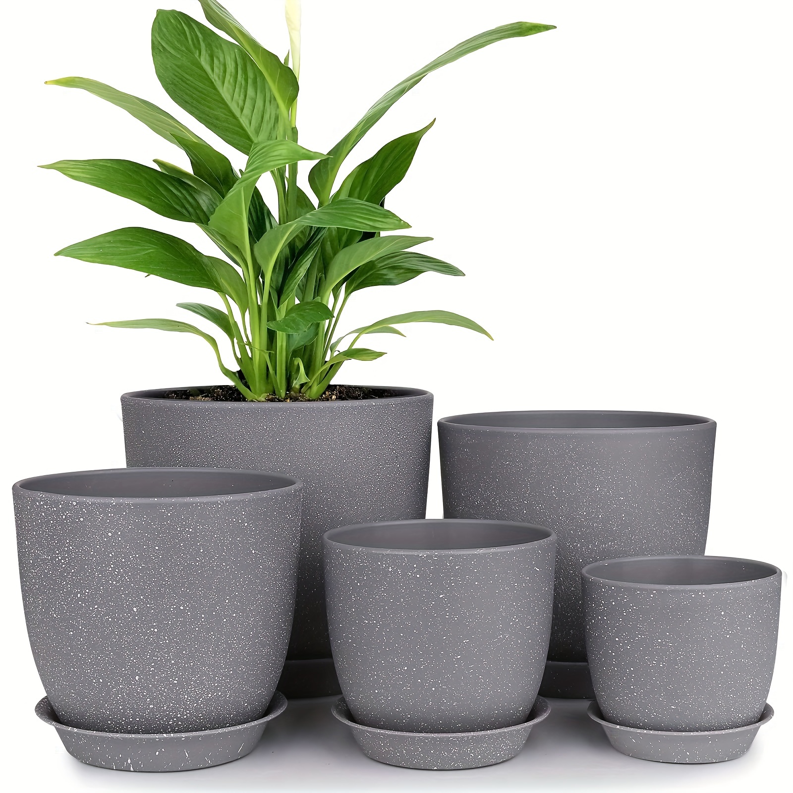 

5pcs, Plastic Planter 7/6/5.5/4.8/4.5 Inch Flower Pot Indoor Modern Decorative Plant Pots With Drain Hole And Saucer For All House Plants, Succulents, Flowers, Speckled Gray